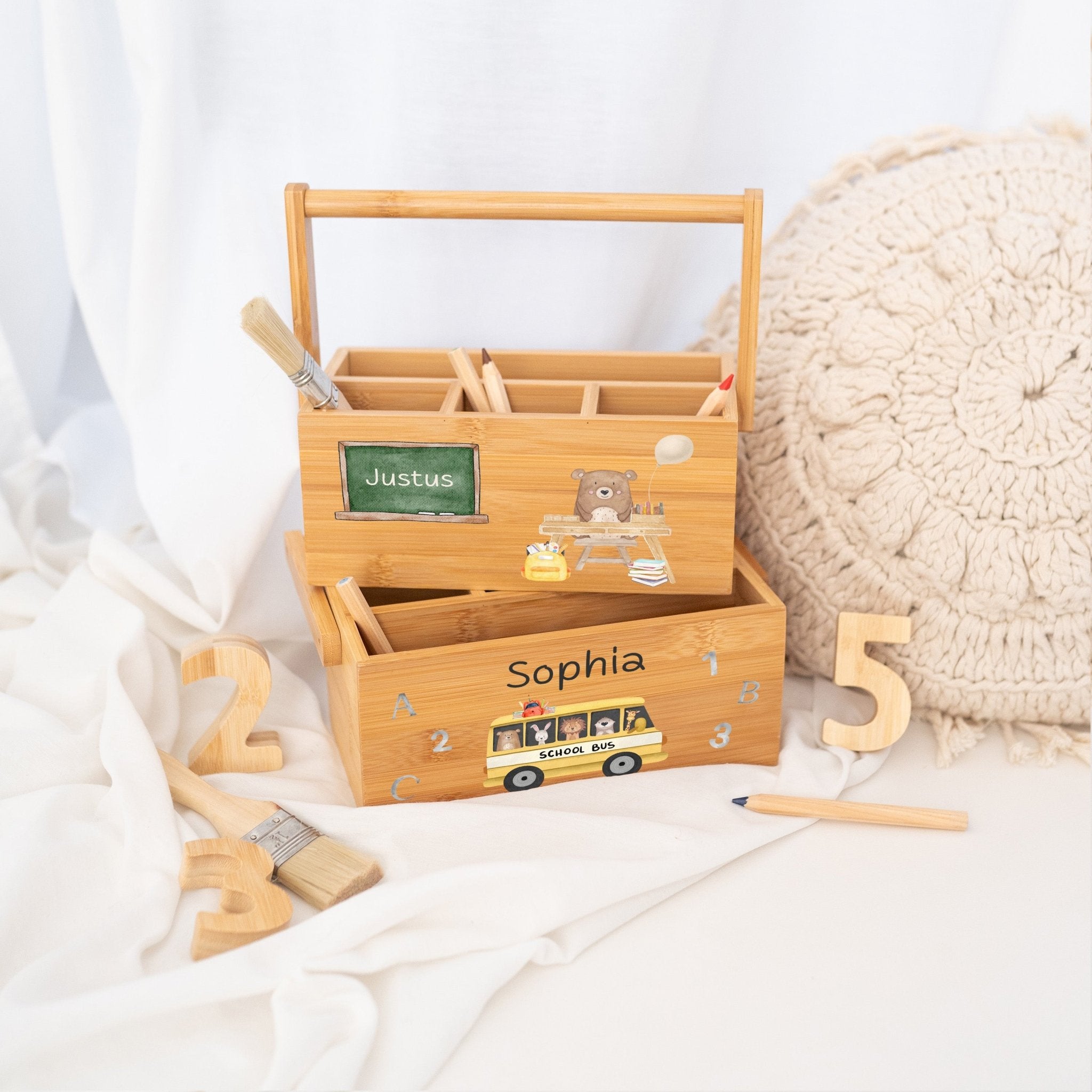 Schreibtisch Organizer mit Griff - Schul Tiere Aquarell - wunderwunsch