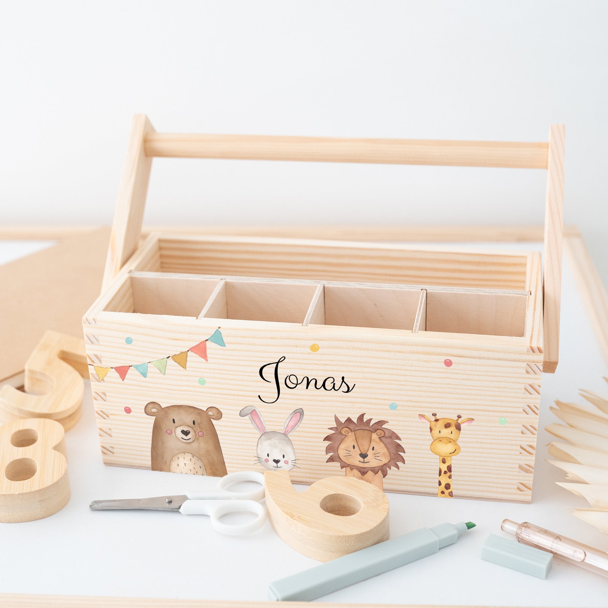 Schreibtisch Organizer mit Griff - Tiere unten Girlande Aquarell - wunderwunsch