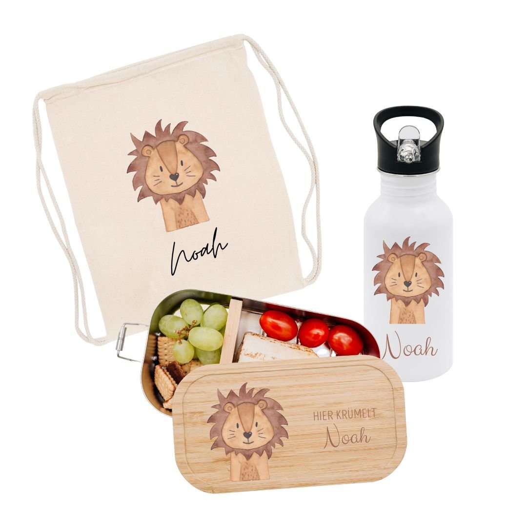 Schul - Start Bundle - Turnbeutel, Brotdose + Kinder Trinkflasche weiß personalisiert - Tier Aquarell - wunderwunsch