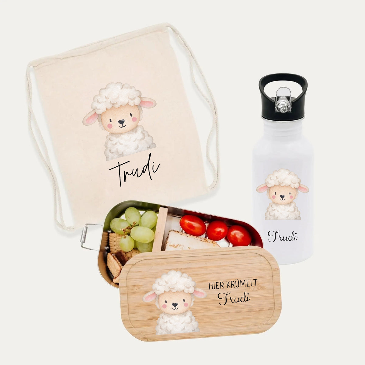 Schul-Start Bundle - Turnbeutel, Brotdose + Kinder Trinkflasche weiß personalisiert - Tier Aquarell - wunderwunsch