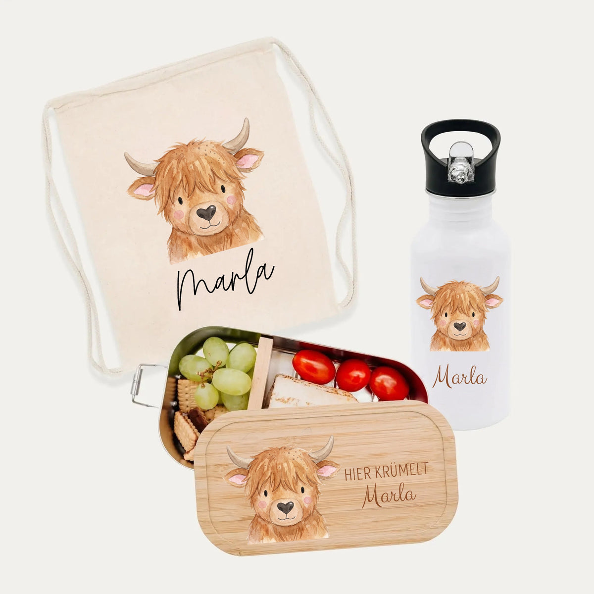 Schul-Start Bundle - Turnbeutel, Brotdose + Kinder Trinkflasche weiß personalisiert - Tier Aquarell - wunderwunsch