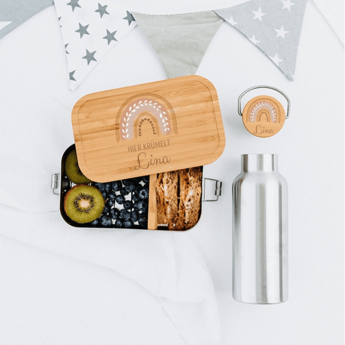 SET Brotdose + Trinkflasche Edelstahl personalisiert - Regenbogen pastell Aquarell - wunderwunsch