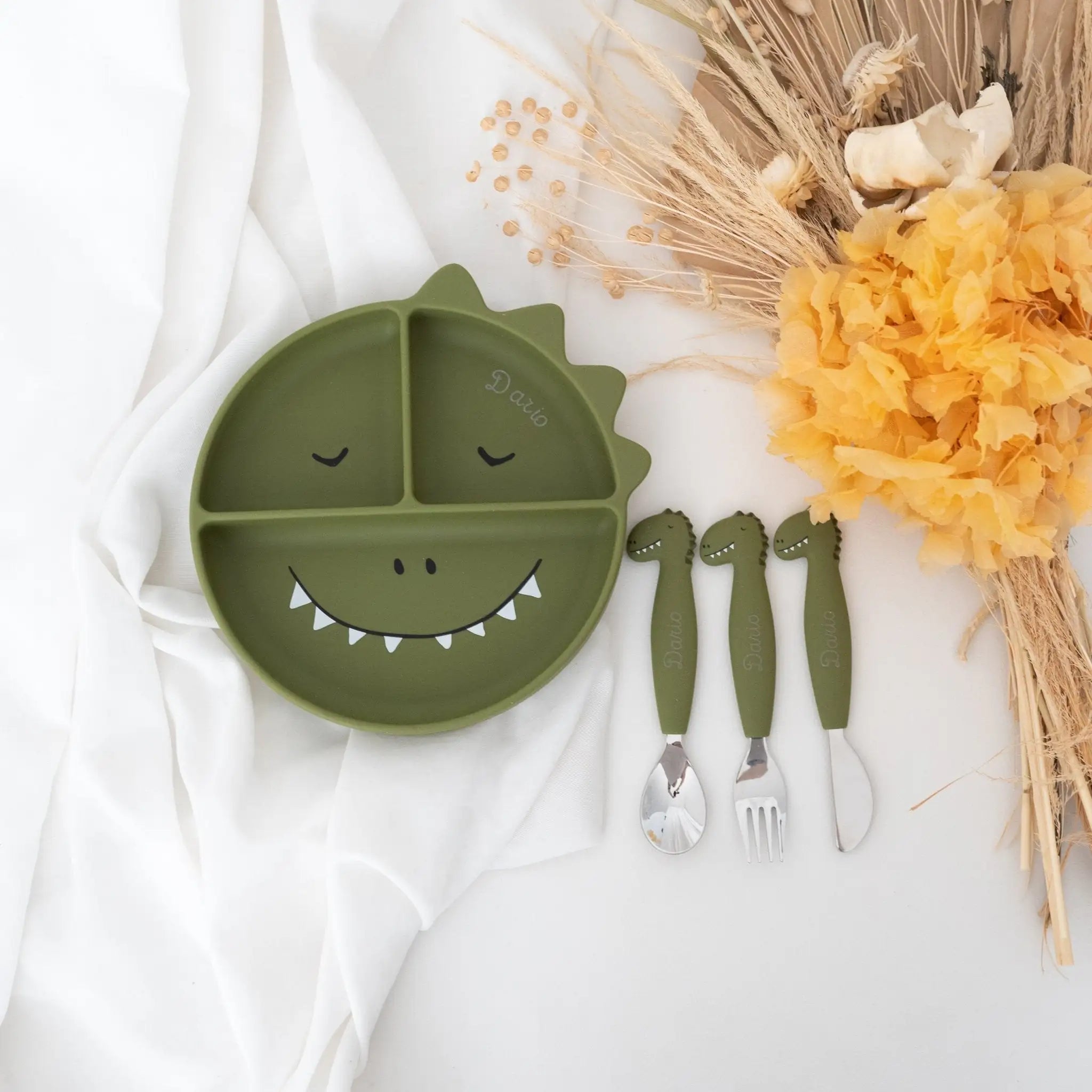 SET Silikon - Esslernteller mit Saugnapf + Besteck - Tier - wunderwunsch