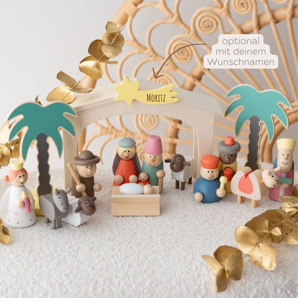 SMALL FOOT Spielset Holzkrippe Hirten personalisierbar - wunderwunsch