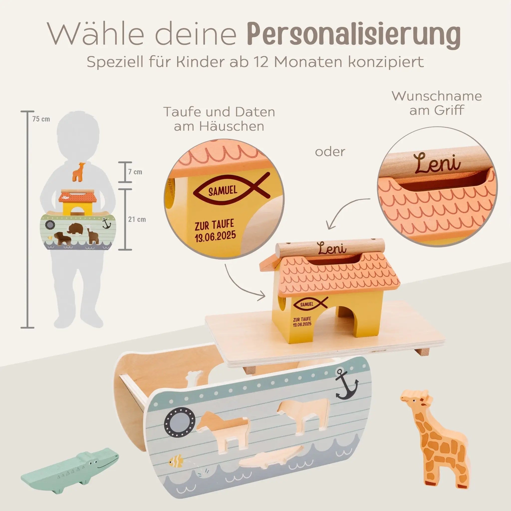 SMALL FOOT Steckspiel Arche Noah Safari Tiere personalisierbar - wunderwunsch