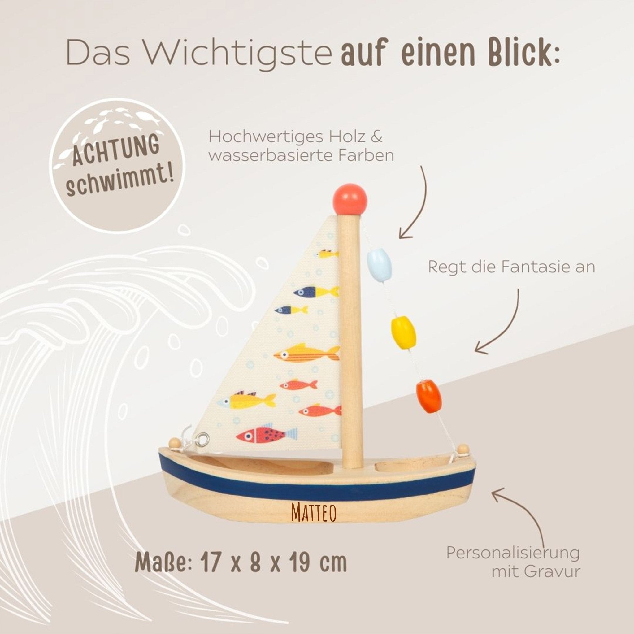 SMALL FOOT Wasserspielzeug Segelboot Großer Ozean personalisierbar - wunderwunsch
