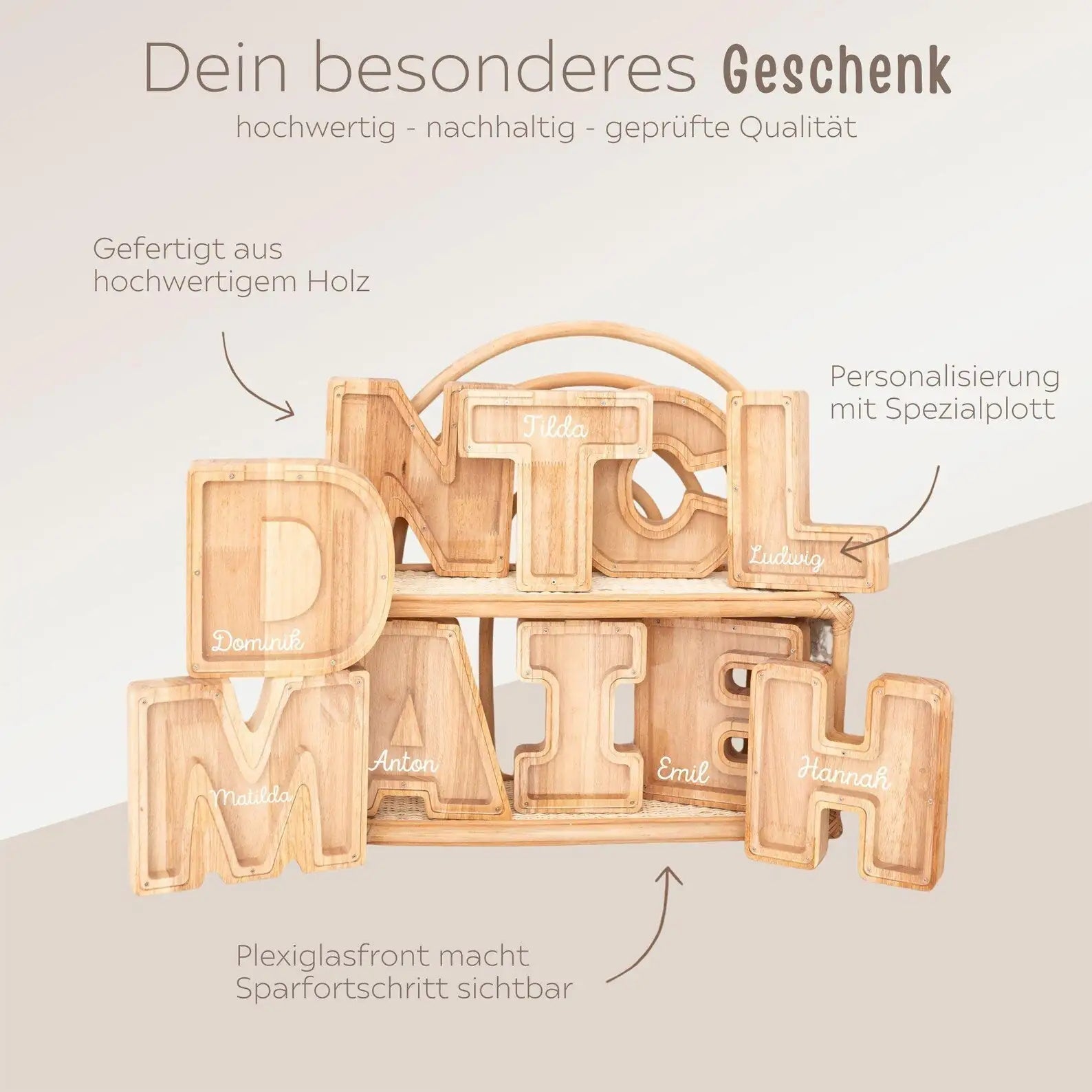 Spardose Holz mit Wunschnamen - Buchstaben - wunderwunsch