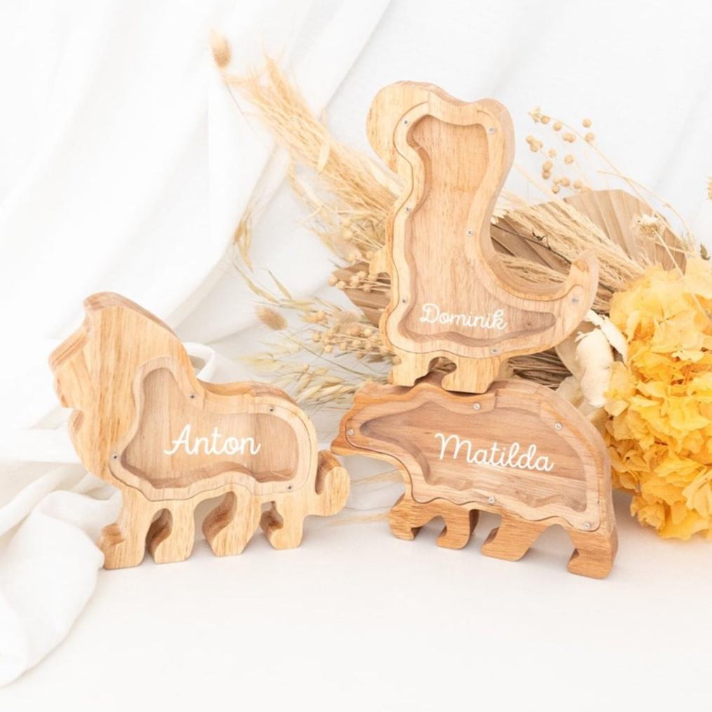 Spardose Holz mit Wunschnamen - Tierform - wunderwunsch