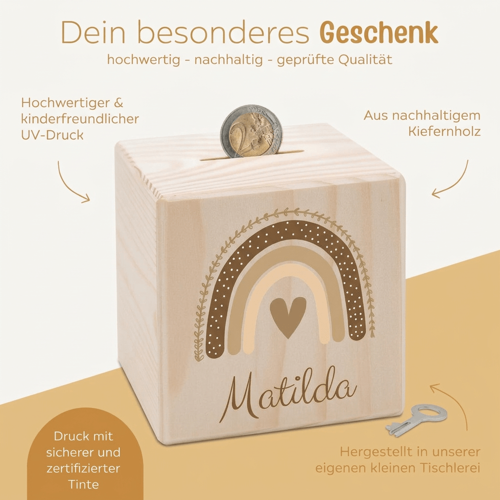Spardose Holz personalisiert - Regenbogen Boho beige Aquarell - wunderwunsch