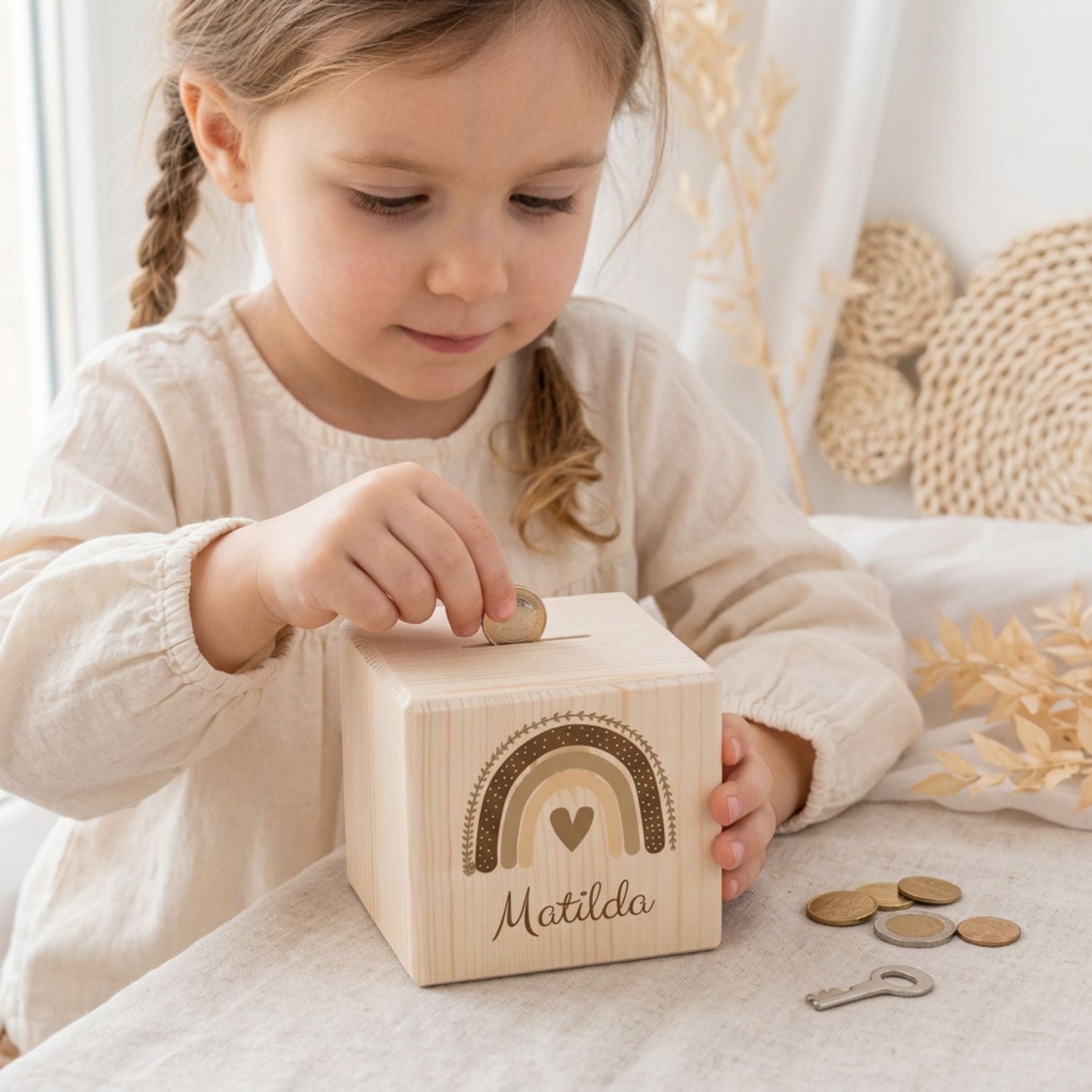 Spardose Holz personalisiert - Regenbogen Boho beige Aquarell - wunderwunsch