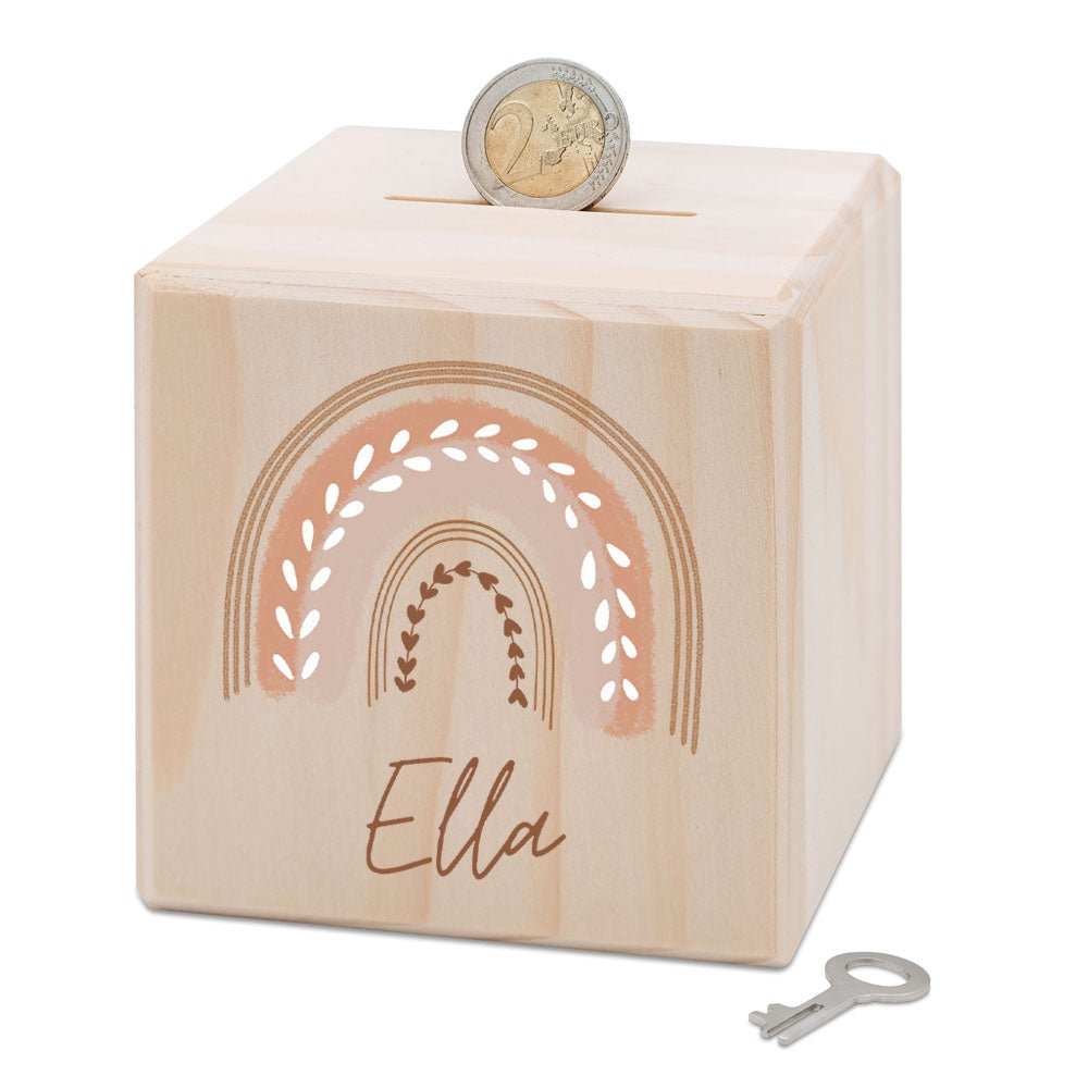 Spardose Holz personalisiert - Regenbogen Boho pastell Aquarell - wunderwunsch