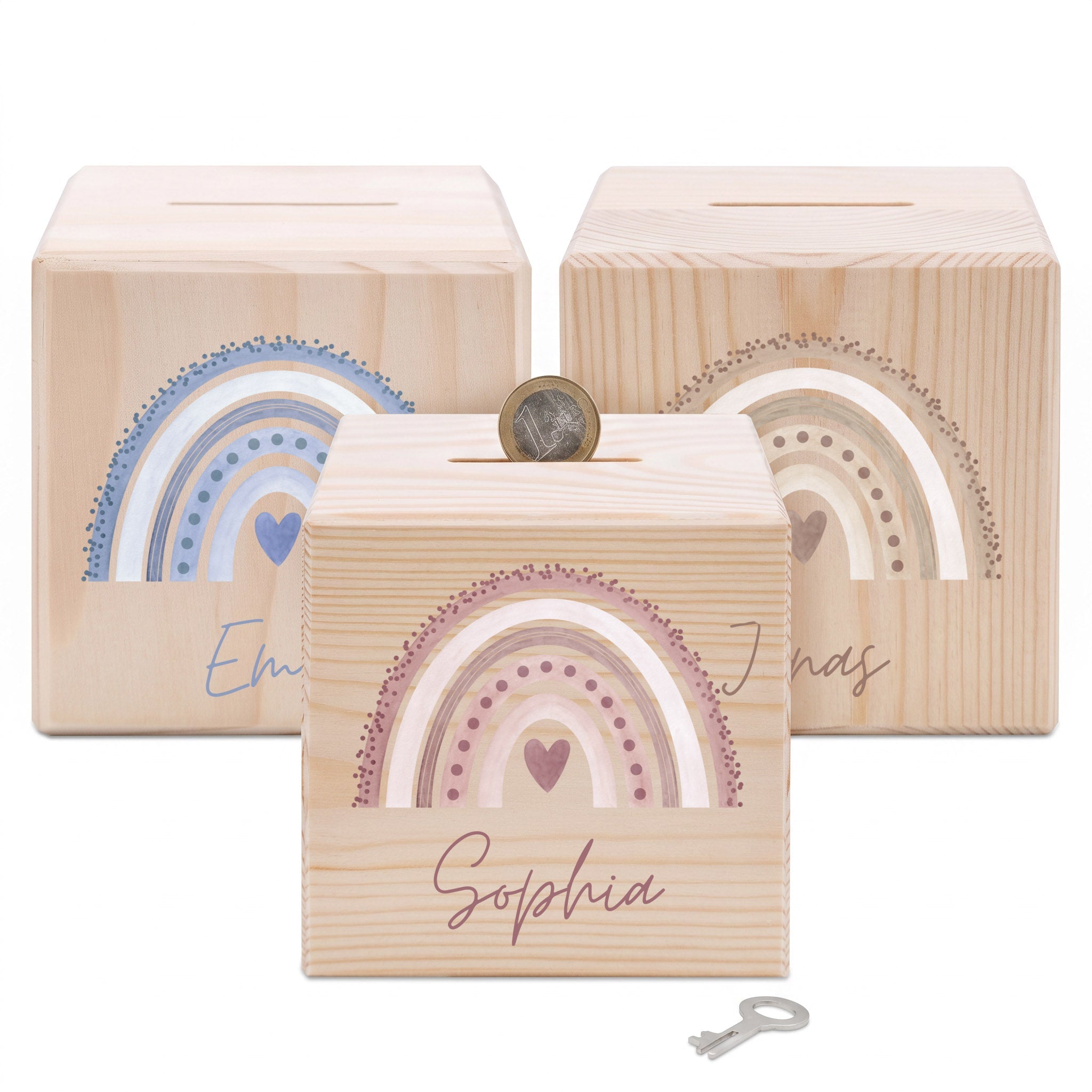 Spardose Holz personalisiert - Regenbogen Punkte Aquarell - wunderwunsch