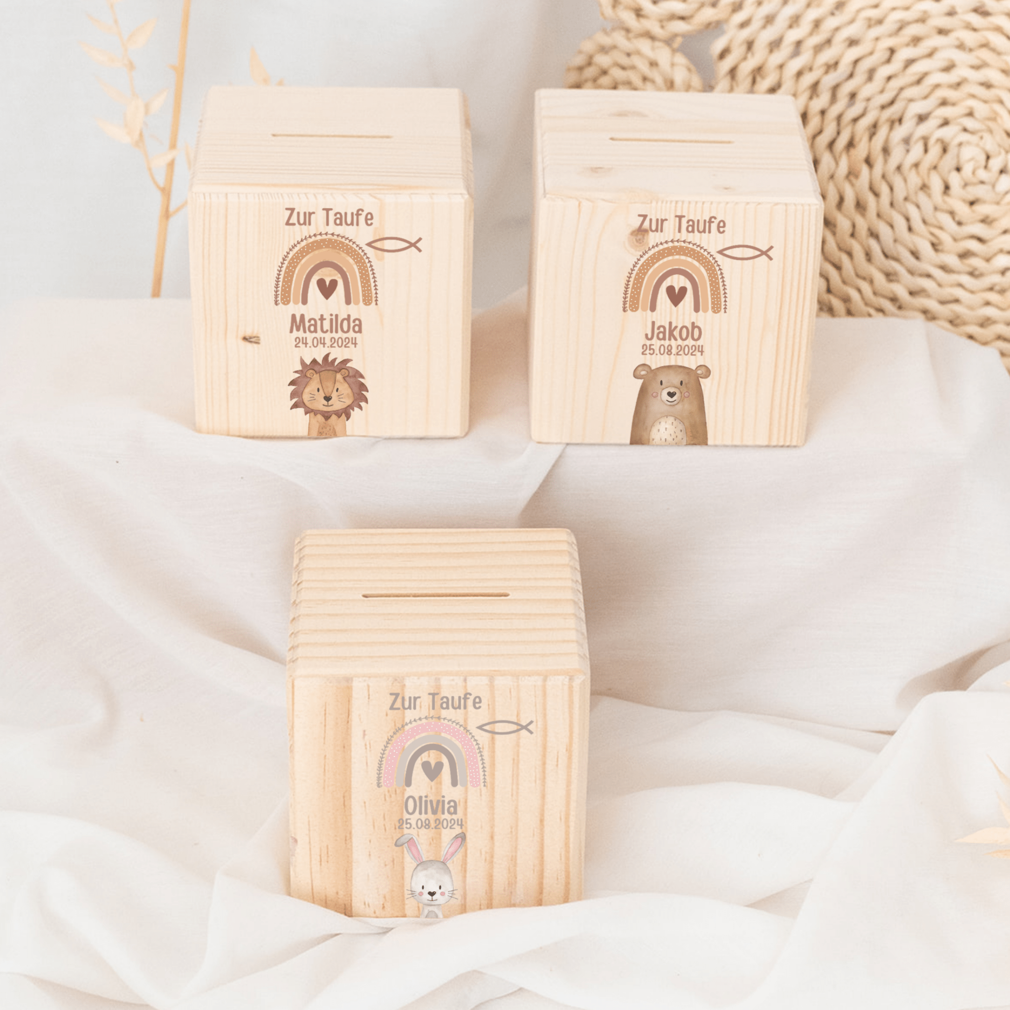 Spardose Holz personalisiert - Taufe Tier Aquarell - wunderwunsch