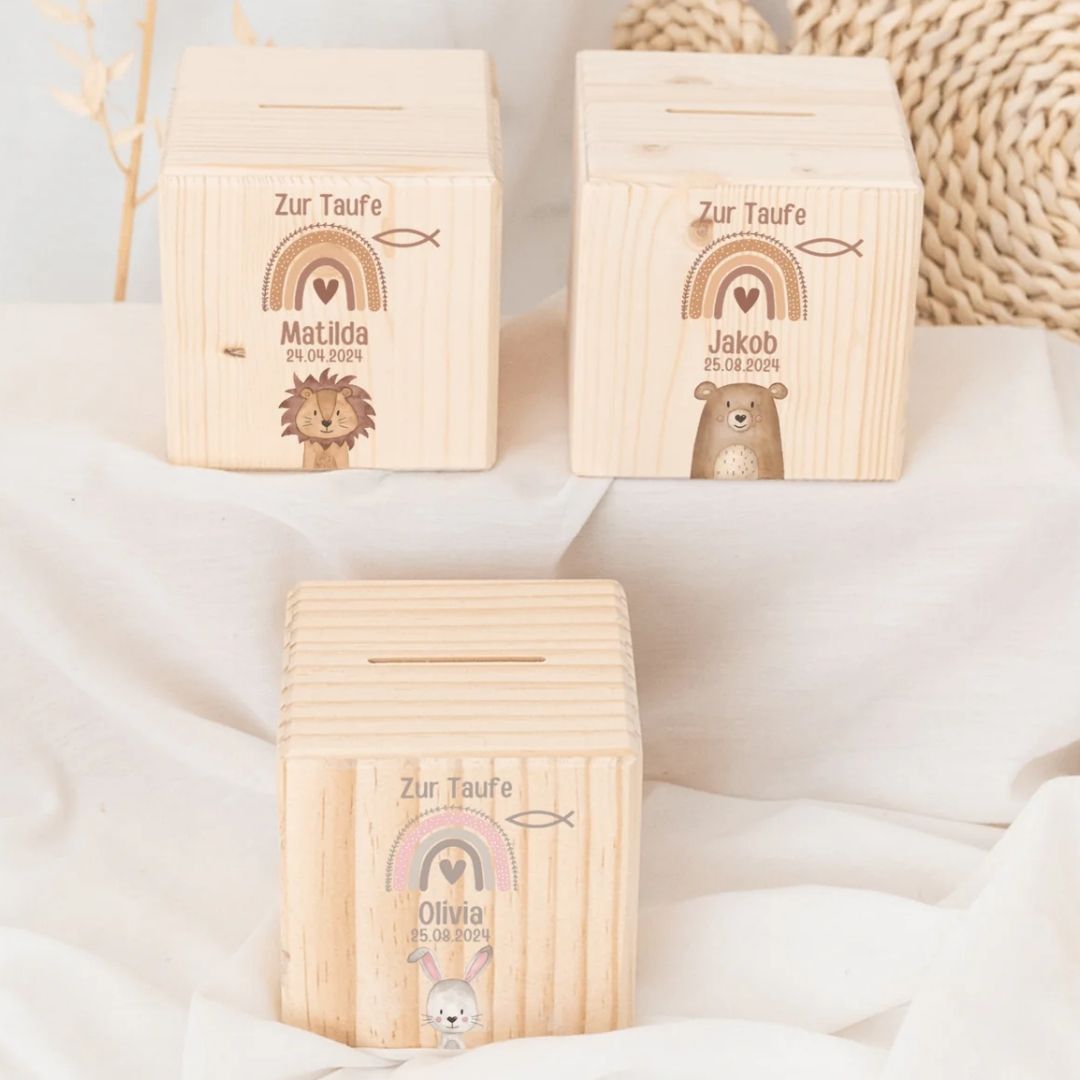 Spardose Holz personalisiert - Taufe Tier Aquarell - wunderwunsch