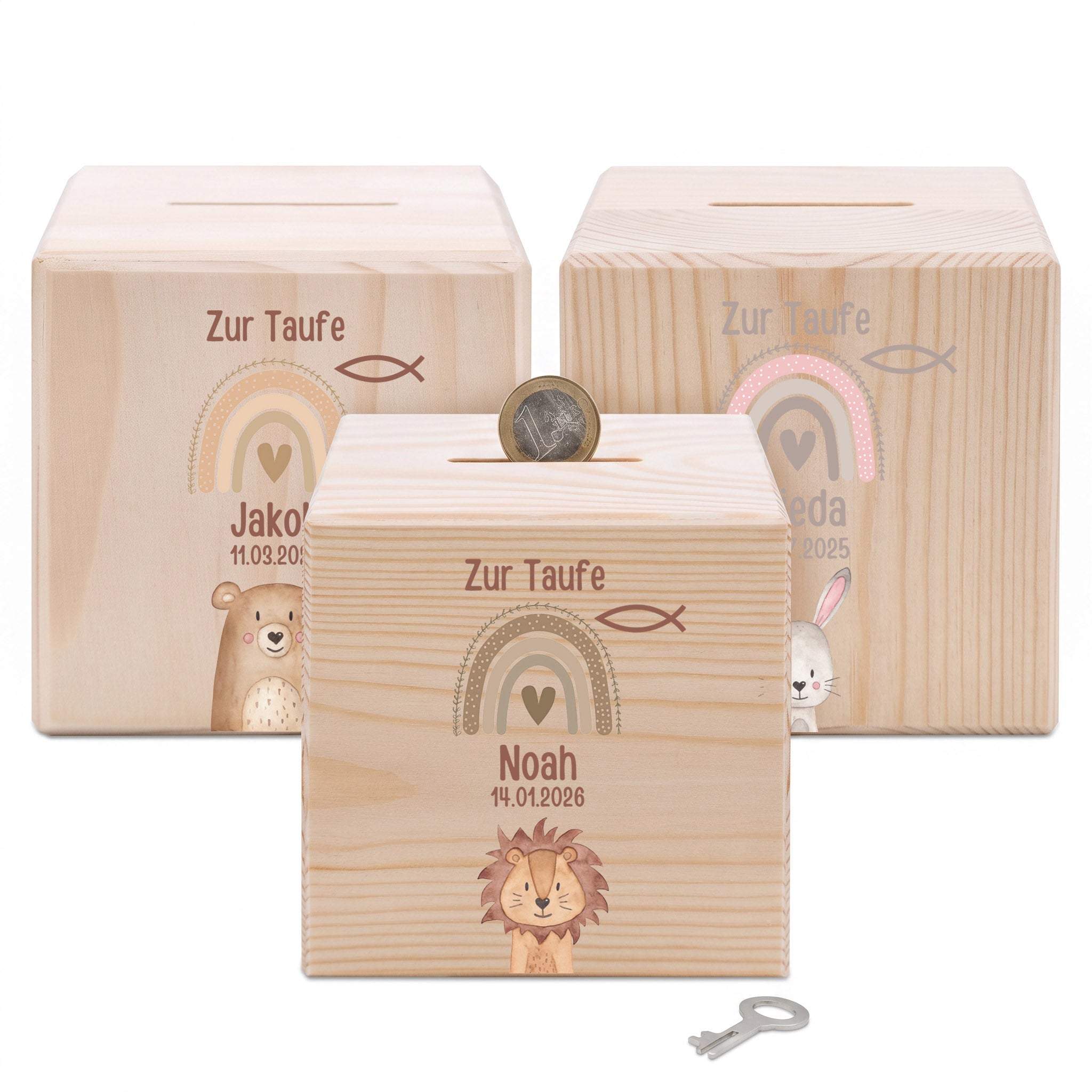 Spardose Holz personalisiert - Taufe Tier Aquarell - wunderwunsch