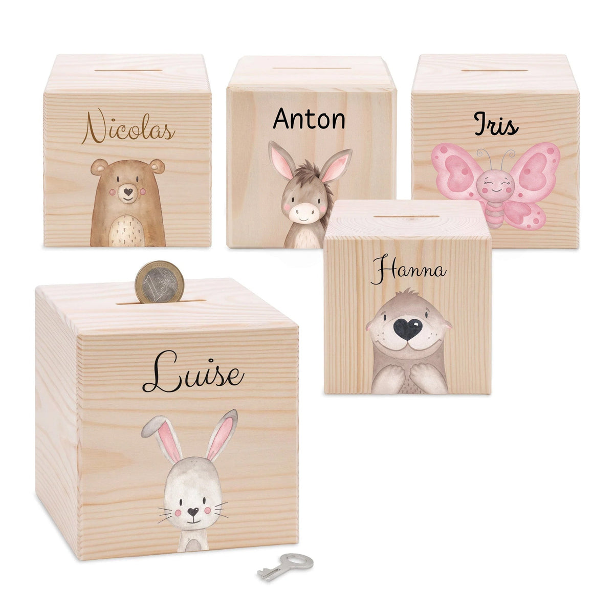 Spardose Holz personalisiert - Tier Aquarell - wunderwunsch