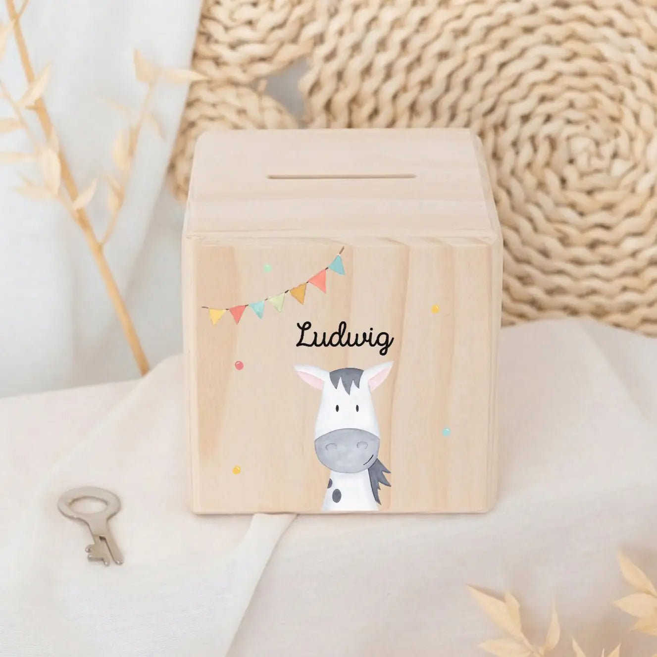 Spardose Holz personalisiert - Tier Girlande Aquarell - wunderwunsch