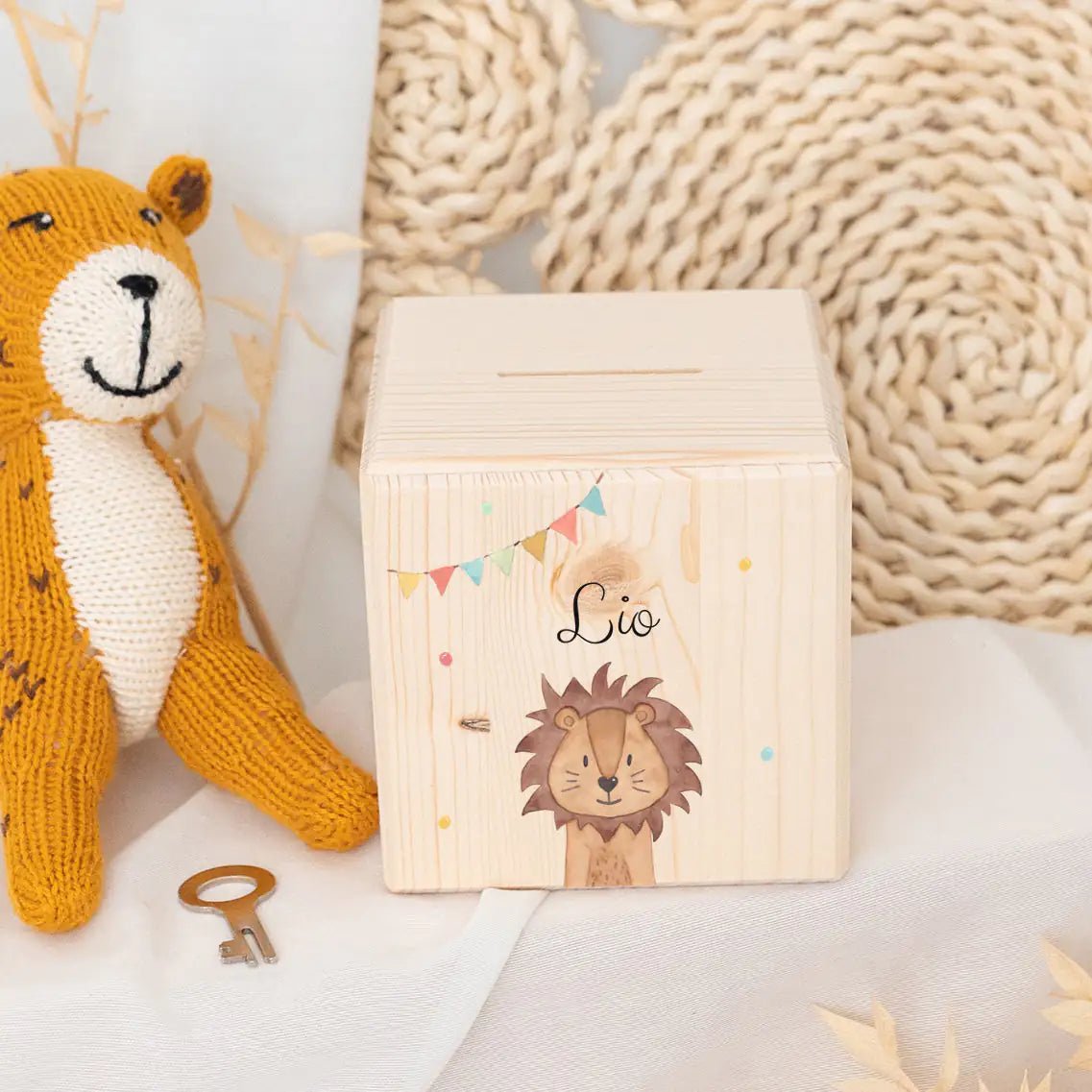 Spardose Holz personalisiert - Tier Girlande Aquarell - wunderwunsch