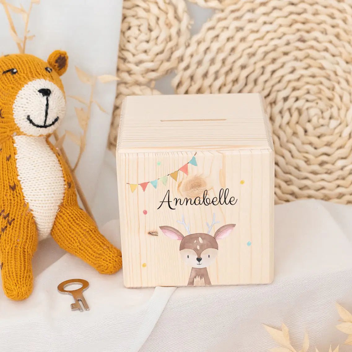 Spardose Holz personalisiert - Tier Girlande Aquarell - wunderwunsch