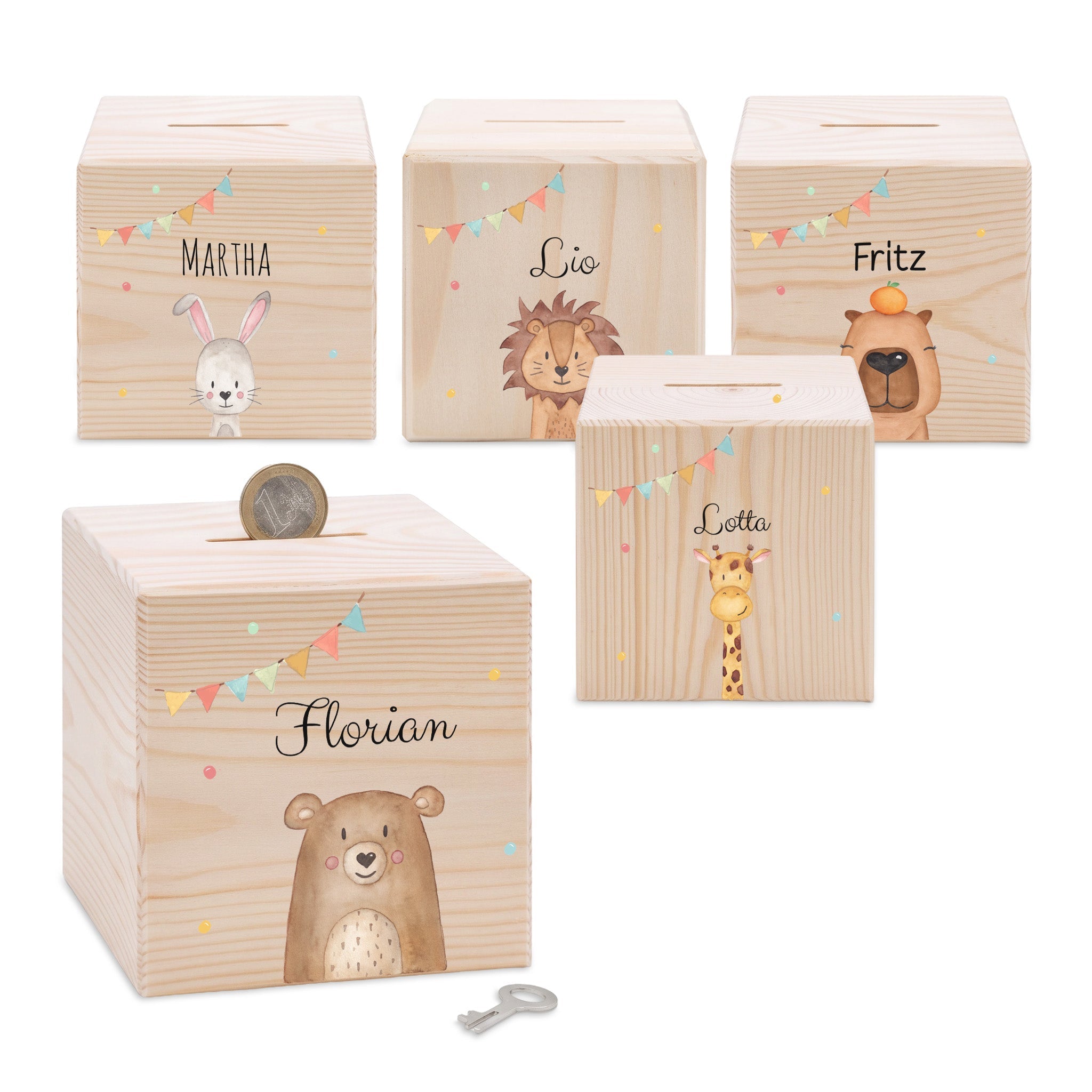 Spardose Holz personalisiert - Tier Girlande Aquarell - wunderwunsch