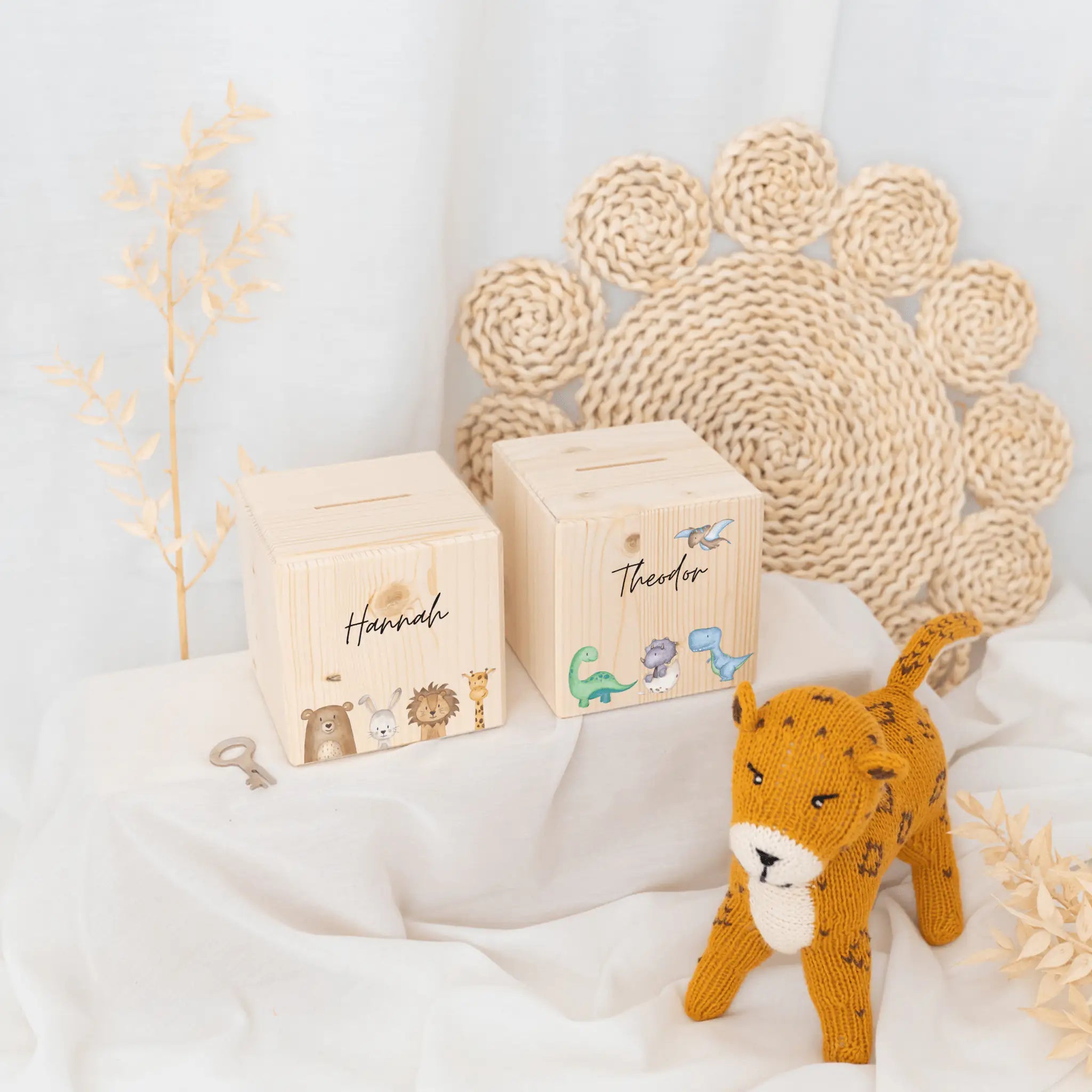 Spardose Holz personalisiert - Tiere unten/ Dinos unten Aquarell - wunderwunsch