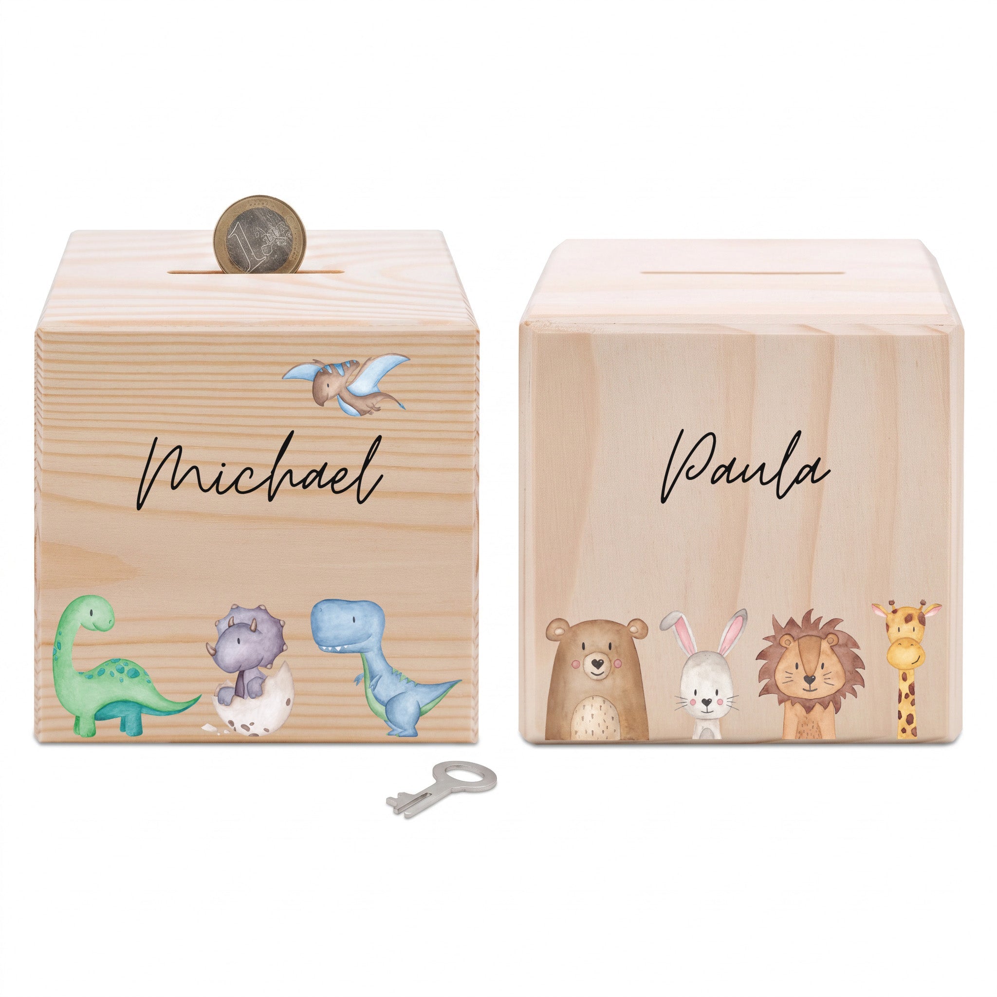 Spardose Holz personalisiert - Tiere unten/ Dinos unten Aquarell - wunderwunsch