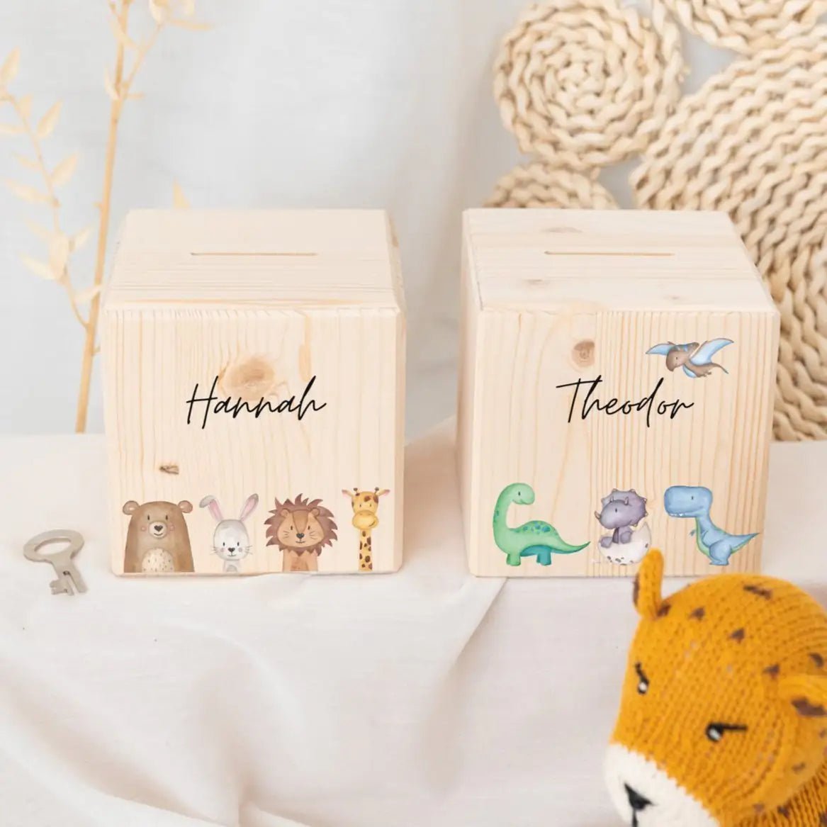Spardose Holz personalisiert - Tiere unten/ Dinos unten Aquarell - wunderwunsch