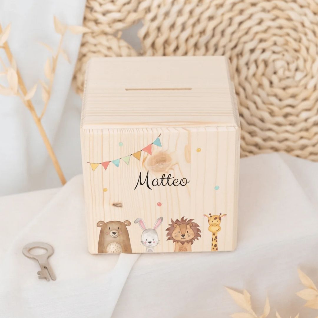 Spardose Holz personalisiert - Tiere unten Girlande Aquarell - wunderwunsch