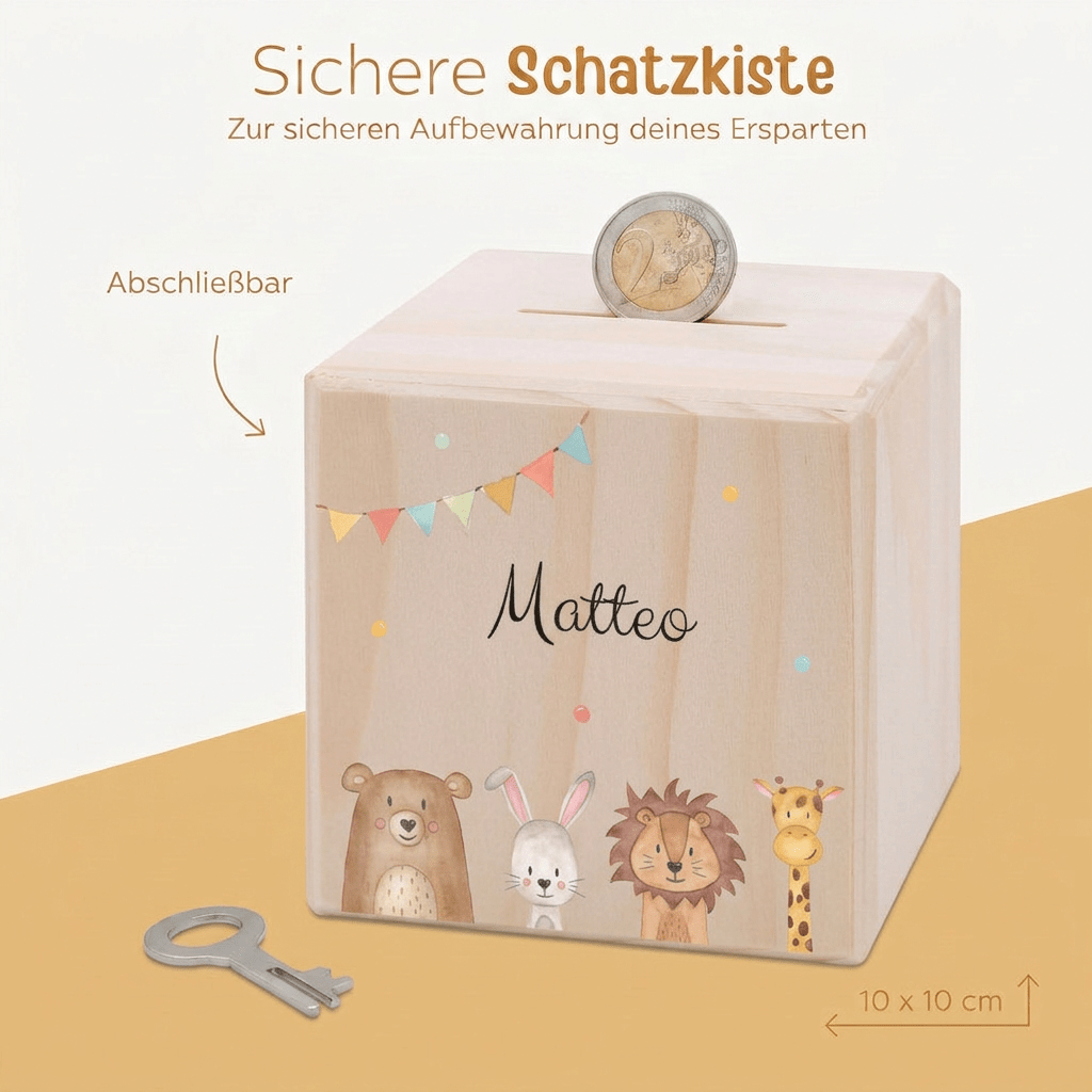 Spardose Holz personalisiert - Tiere unten Girlande Aquarell - wunderwunsch