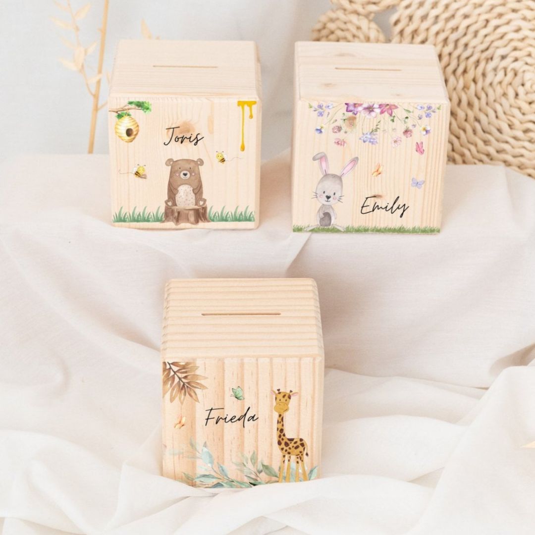 Spardose Holz personalisiert - Tierischer Gartenzauber Aquarell - wunderwunsch