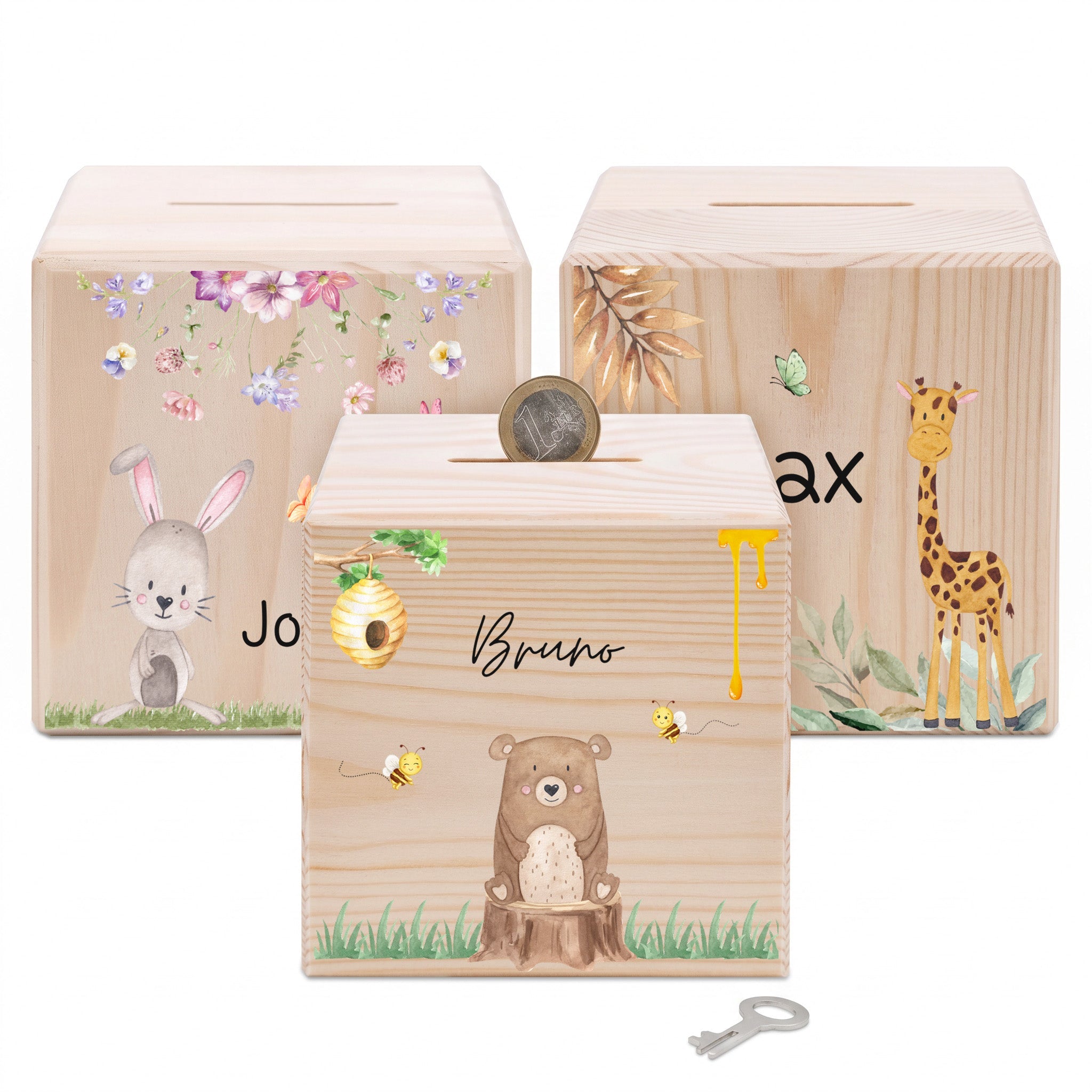 Spardose Holz personalisiert - Tierischer Gartenzauber Aquarell - wunderwunsch