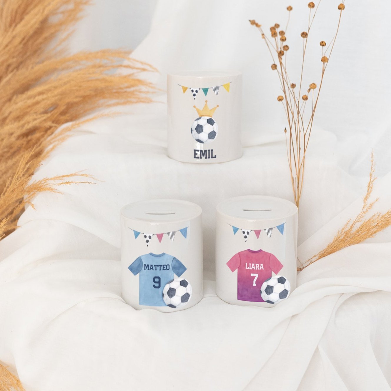 Spardose Keramik personalisiert - Fußball Aquarell - wunderwunsch