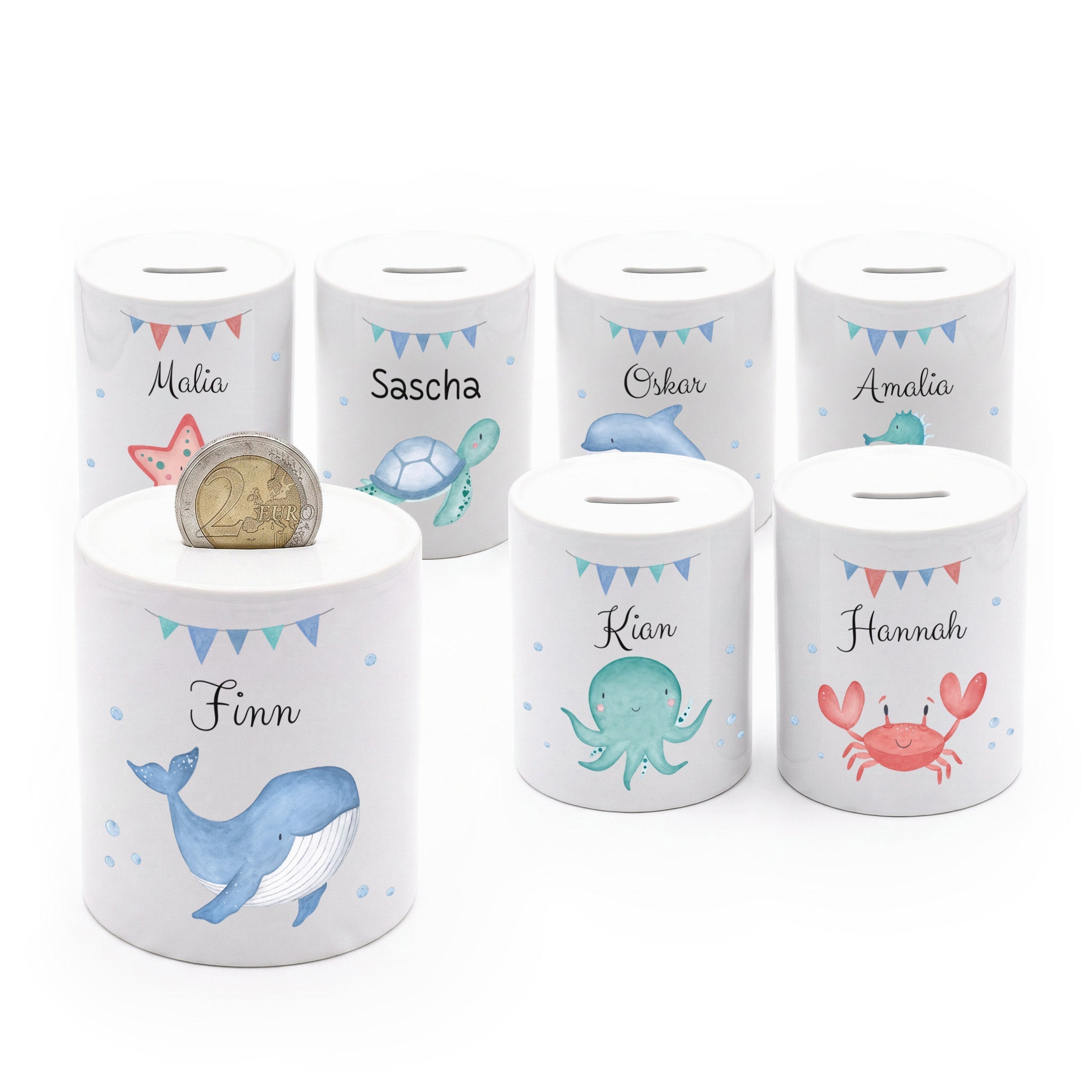 Spardose Keramik personalisiert - Meerestier Girlande Aquarell - wunderwunsch