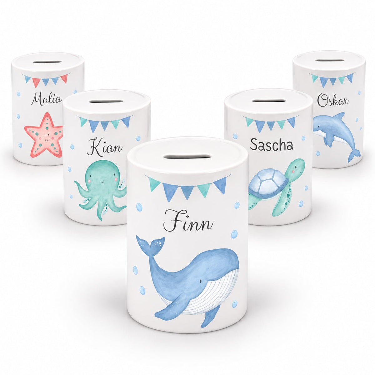 Spardose Keramik personalisiert - Meerestier Girlande Aquarell - wunderwunsch