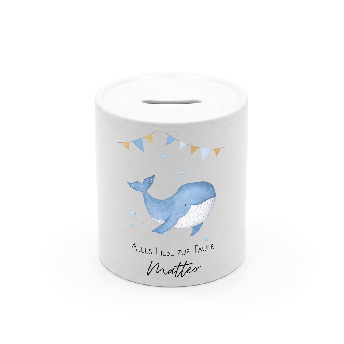 Spardose Keramik personalisiert - Taufe Wal Aquarell - wunderwunsch