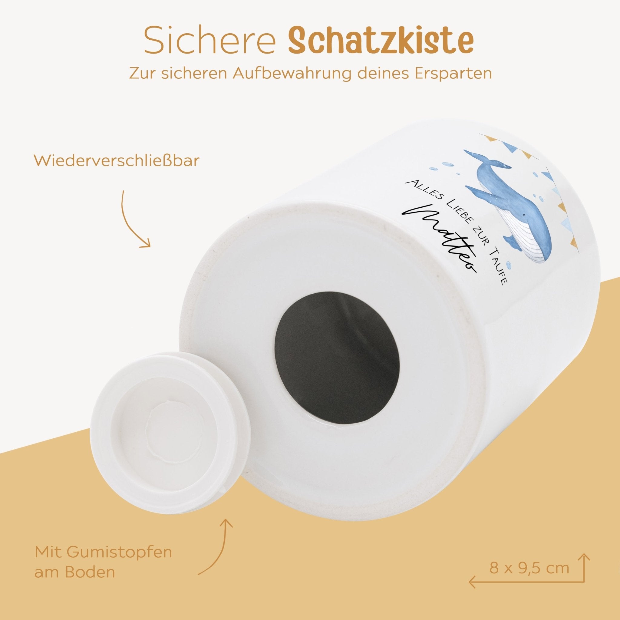 Spardose Keramik personalisiert - Taufe Wal Aquarell - wunderwunsch