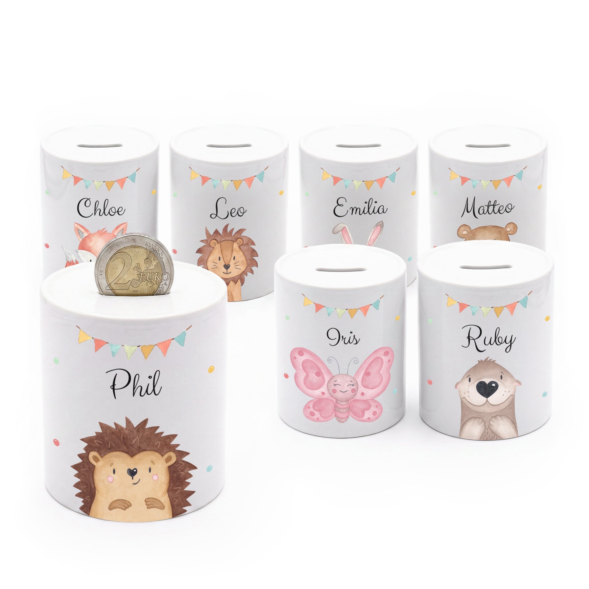 Spardose Keramik personalisiert - Tier Girlande Aquarell - wunderwunsch