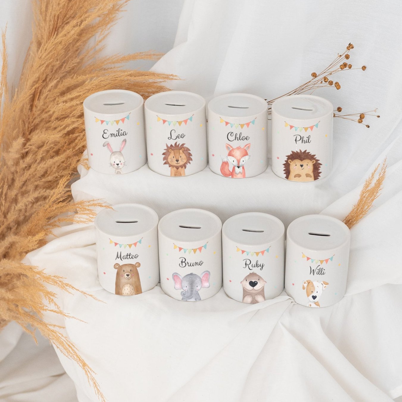 Spardose Keramik personalisiert - Tier Girlande Aquarell - wunderwunsch