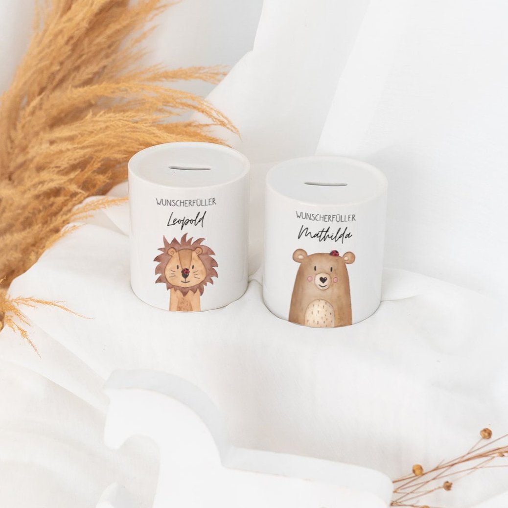 Spardose Keramik personalisiert - Tier mit Marienkäfer Aquarell - wunderwunsch