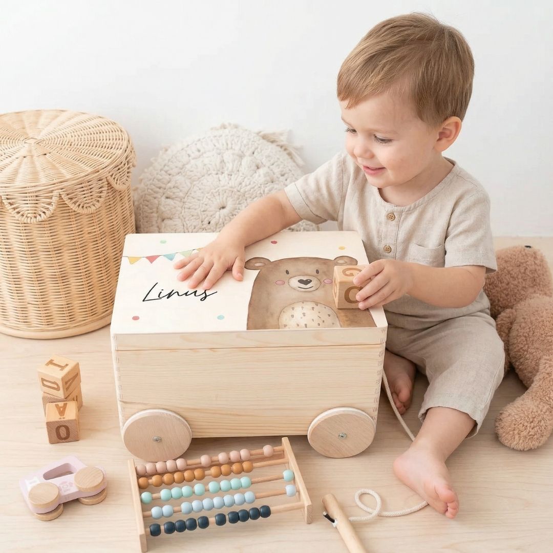 Spielzeugkiste mit Rollen "Tier Girlande" personalisiert - wunderwunsch