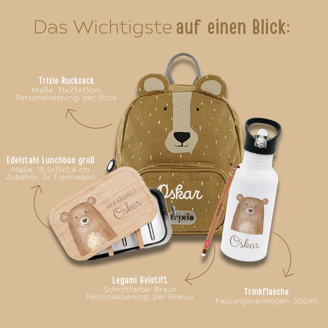 Starter - Geschenkset "Bär" personalisiert: Rucksack, Lunchbox, Flasche, Stift - wunderwunsch