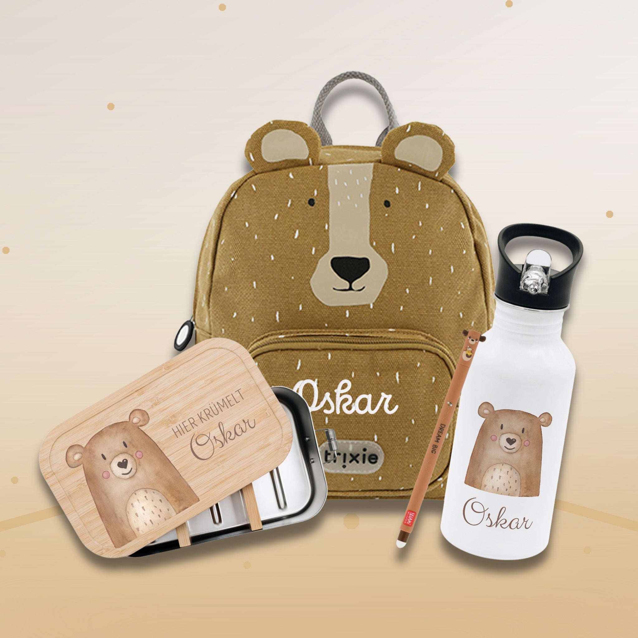Starter - Geschenkset "Bär" personalisiert: Rucksack, Lunchbox, Flasche, Stift - wunderwunsch