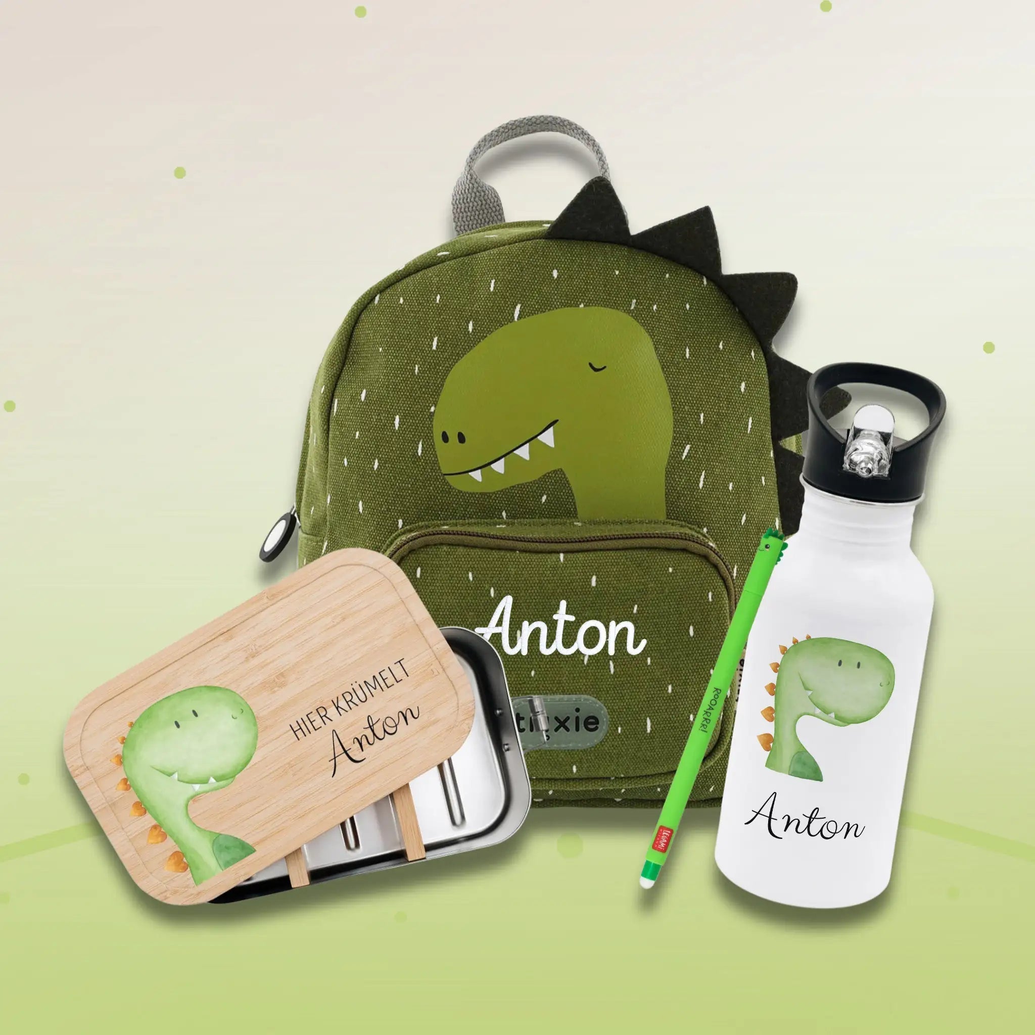 Starter - Geschenkset "Dino" personalisiert: Rucksack, Lunchbox, Flasche, Stift - wunderwunsch