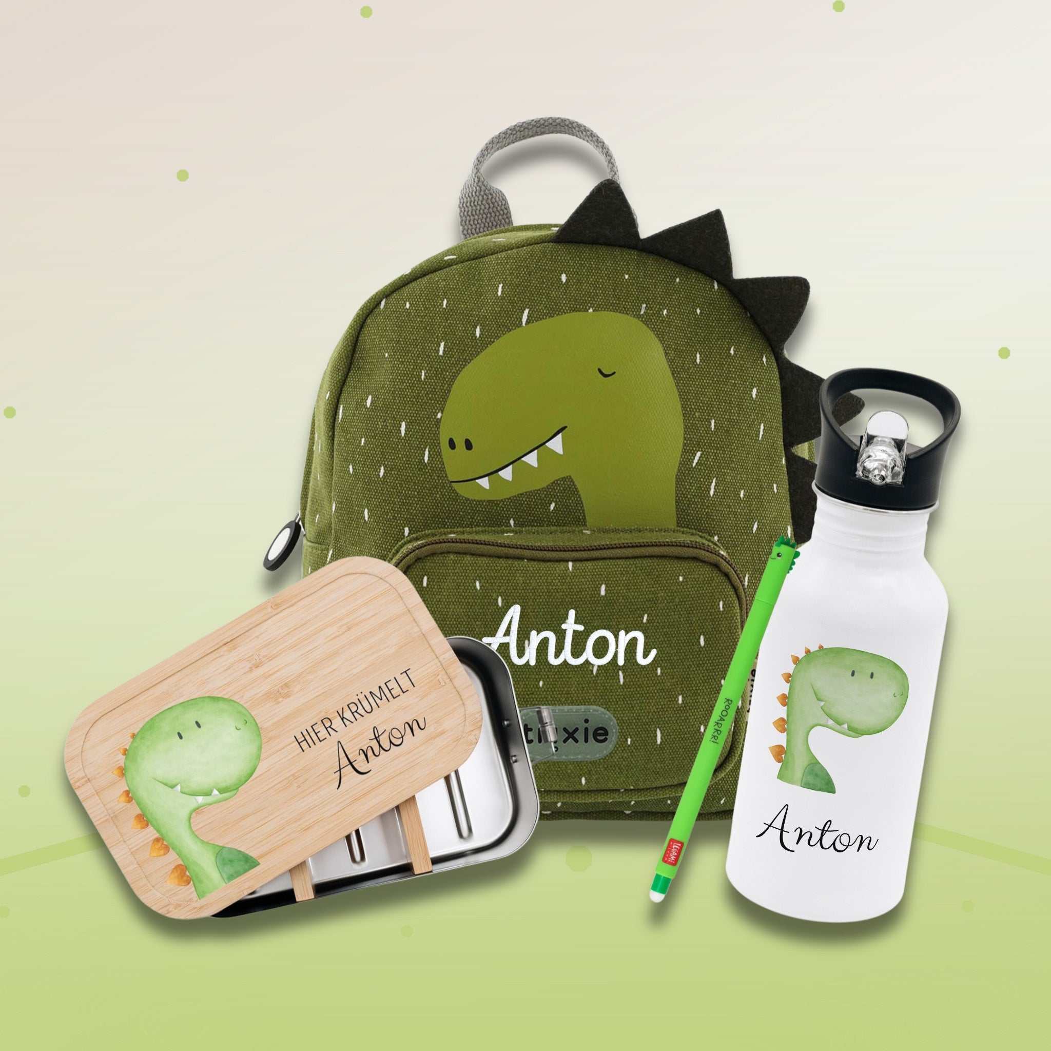Starter - Geschenkset "Dino" personalisiert: Rucksack, Lunchbox, Flasche, Stift - wunderwunsch