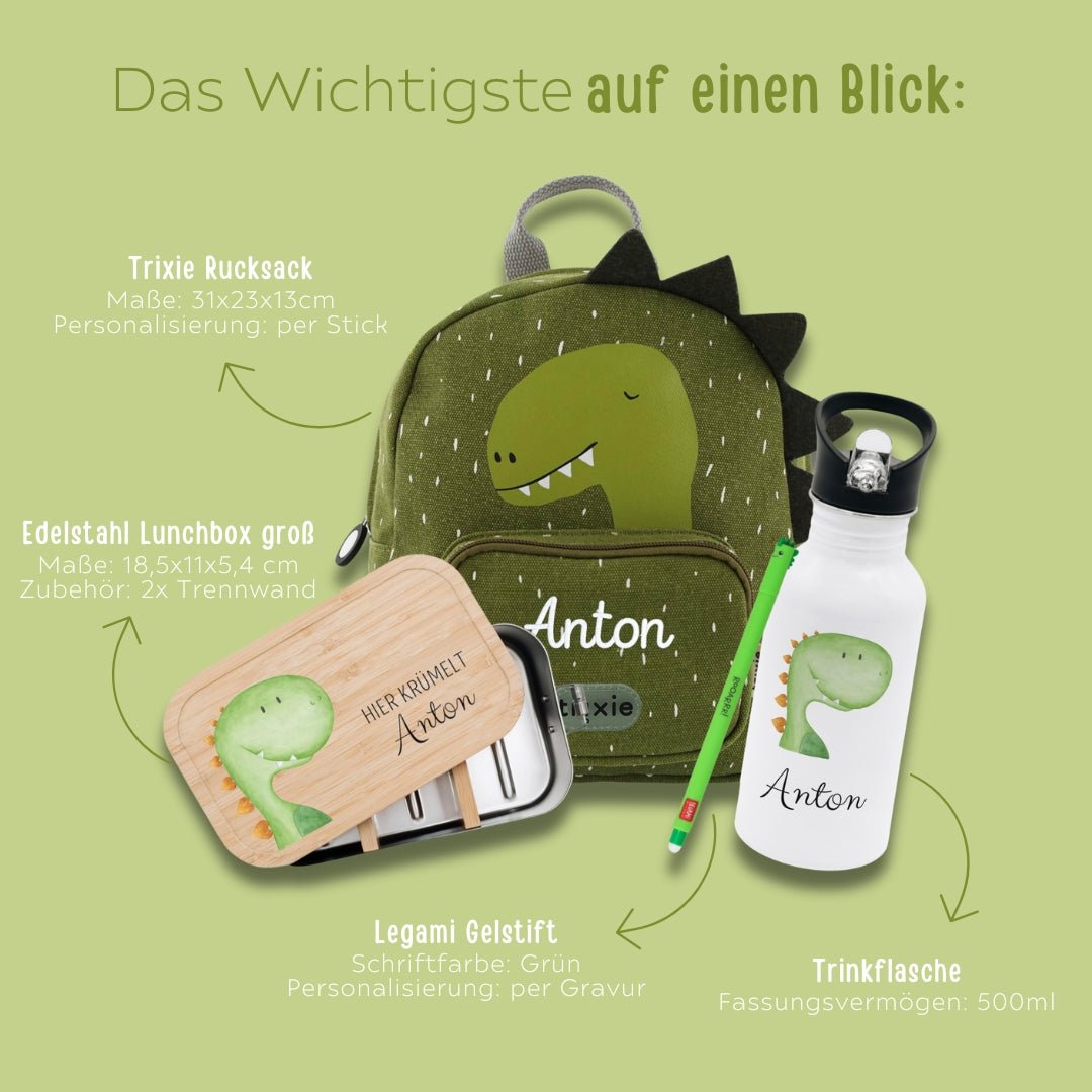 Starter - Geschenkset "Dino" personalisiert: Rucksack, Lunchbox, Flasche, Stift - wunderwunsch