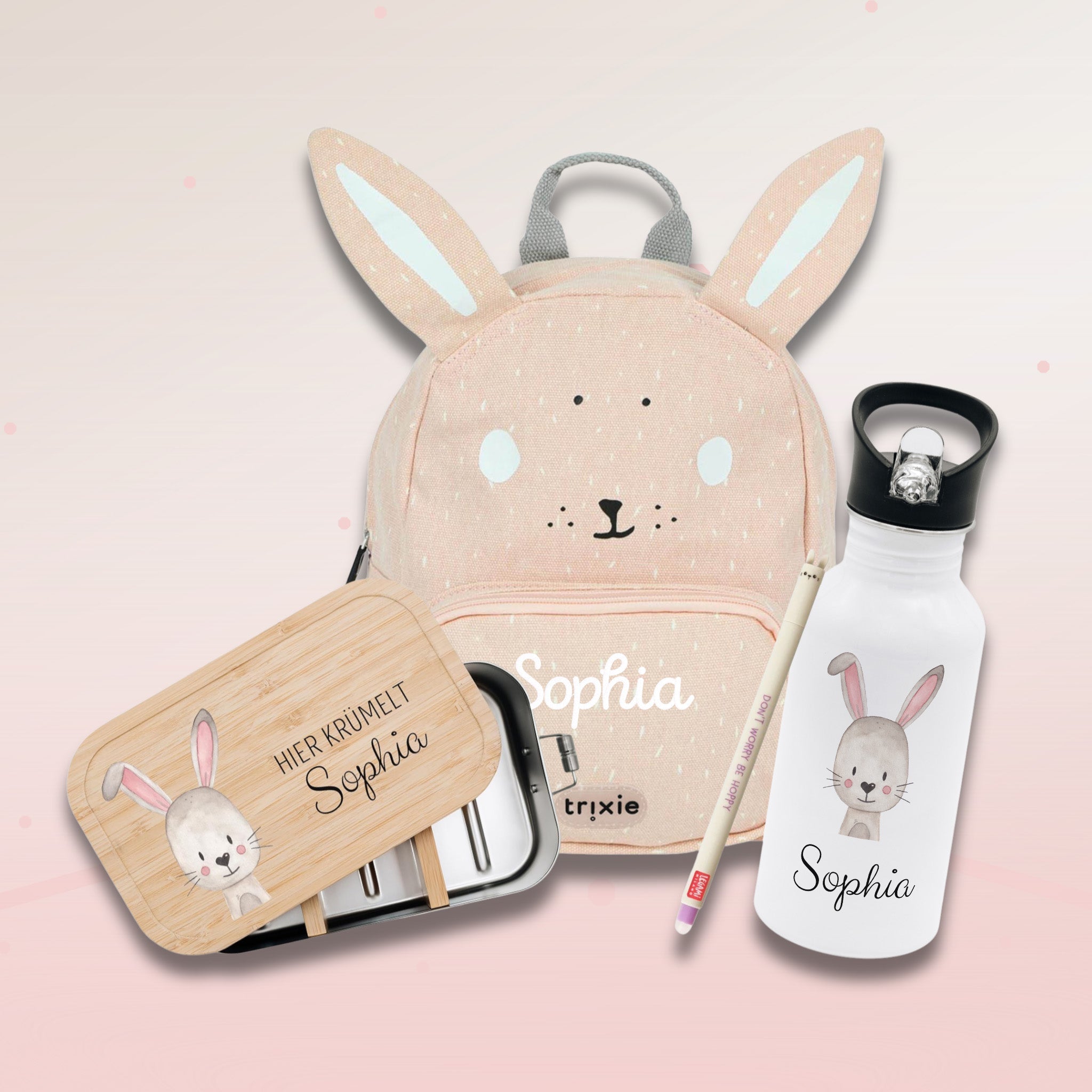 Starter - Geschenkset "Hase" personalisiert: Rucksack, Lunchbox, Flasche, Stift - wunderwunsch