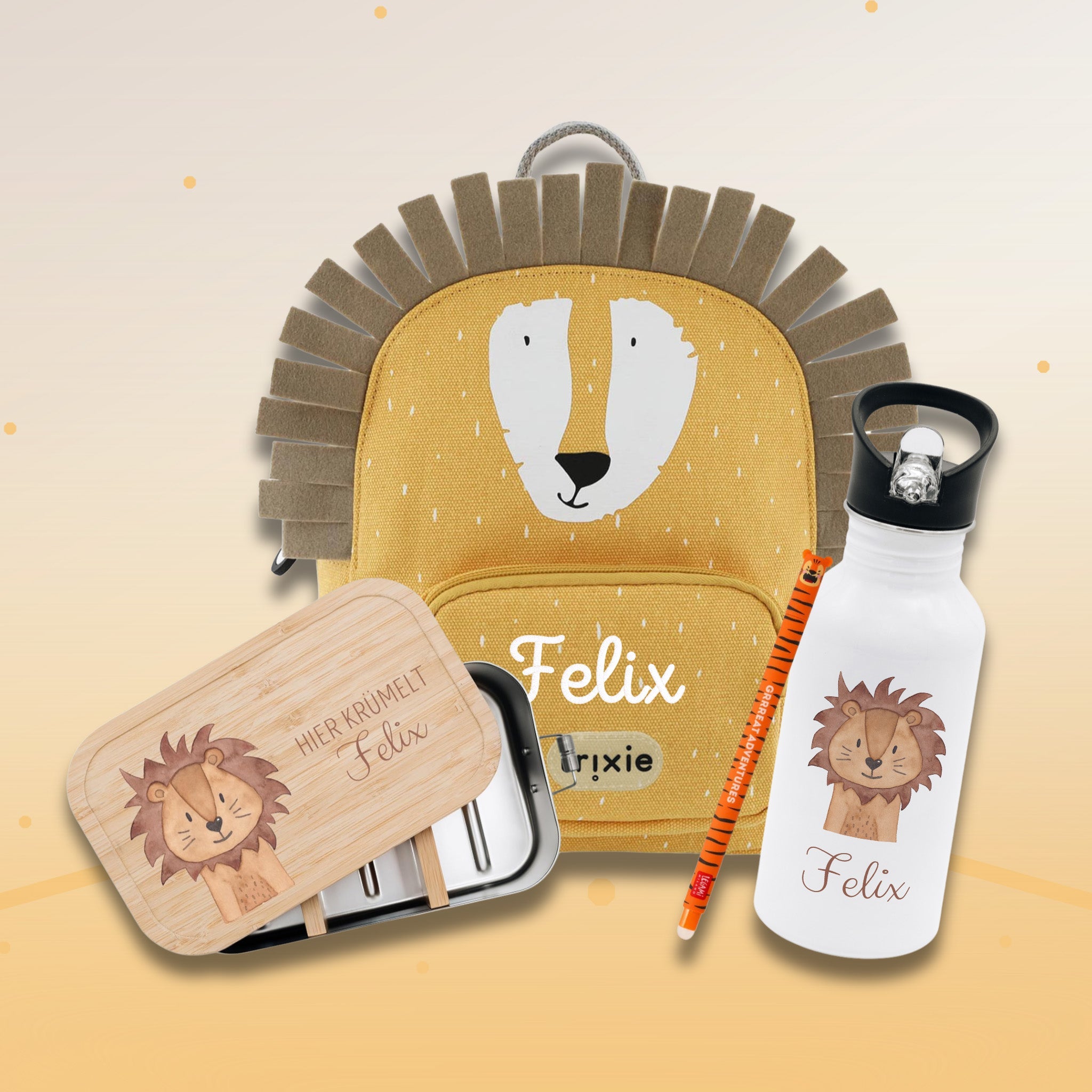 Starter - Geschenkset "Löwe" personalisiert: Rucksack, Lunchbox, Flasche, Stift - wunderwunsch