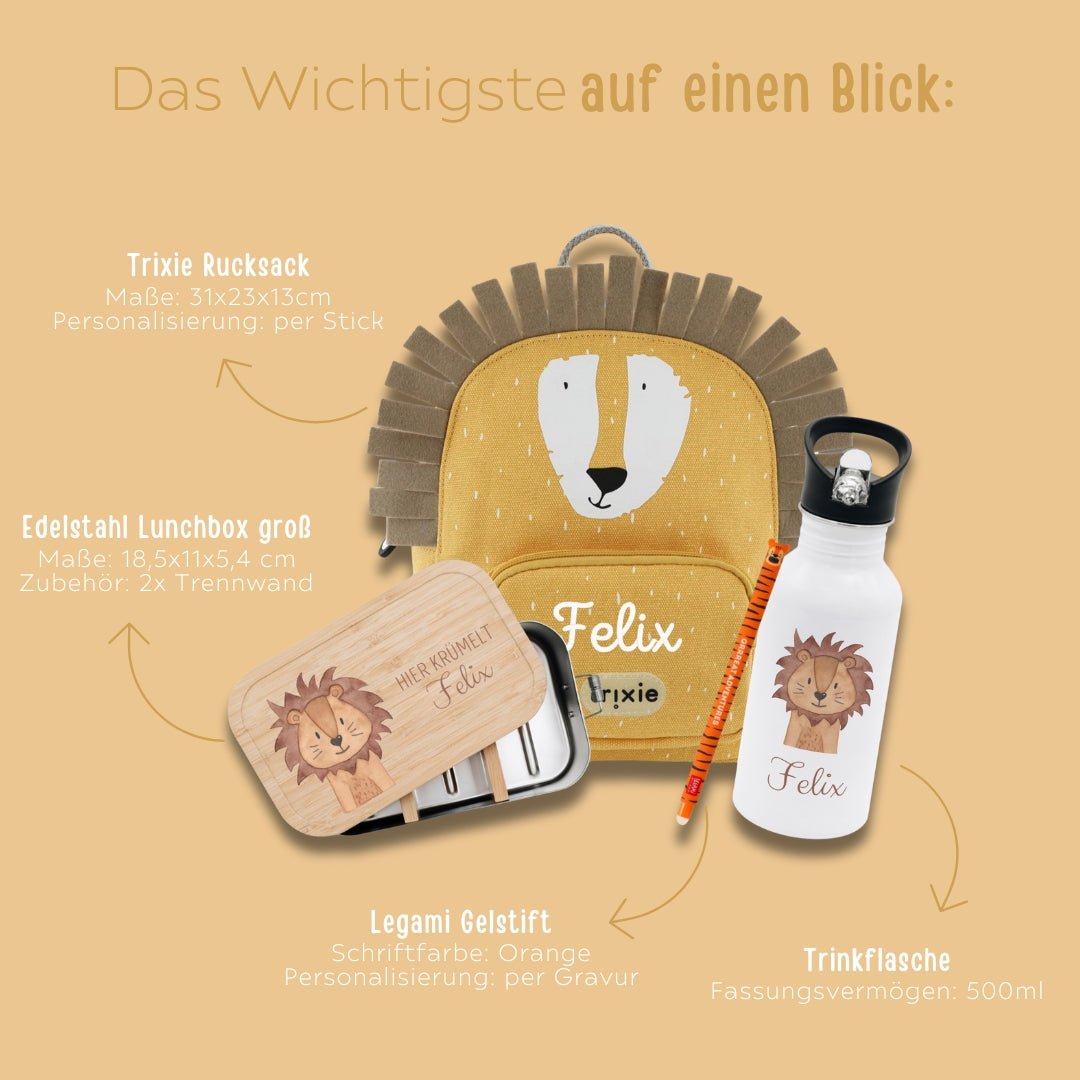 Starter - Geschenkset "Löwe" personalisiert: Rucksack, Lunchbox, Flasche, Stift - wunderwunsch