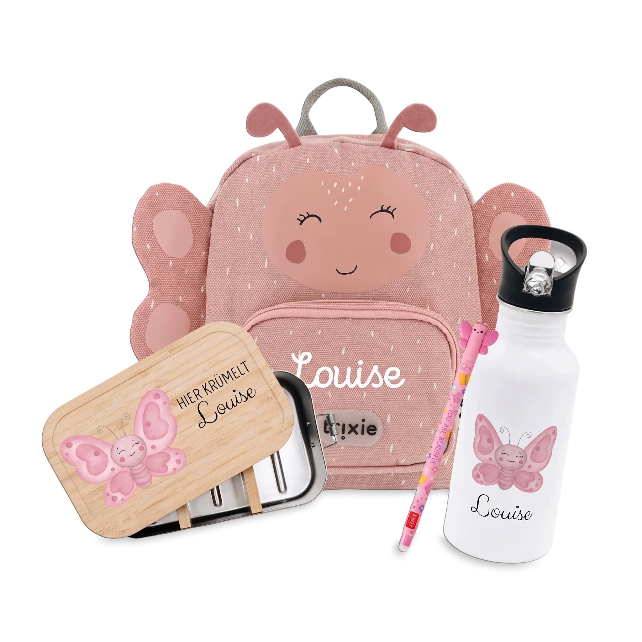 Starter-Geschenkset "Schmetterling" personalisiert: Rucksack, Lunchbox, Flasche, Stift - wunderwunsch