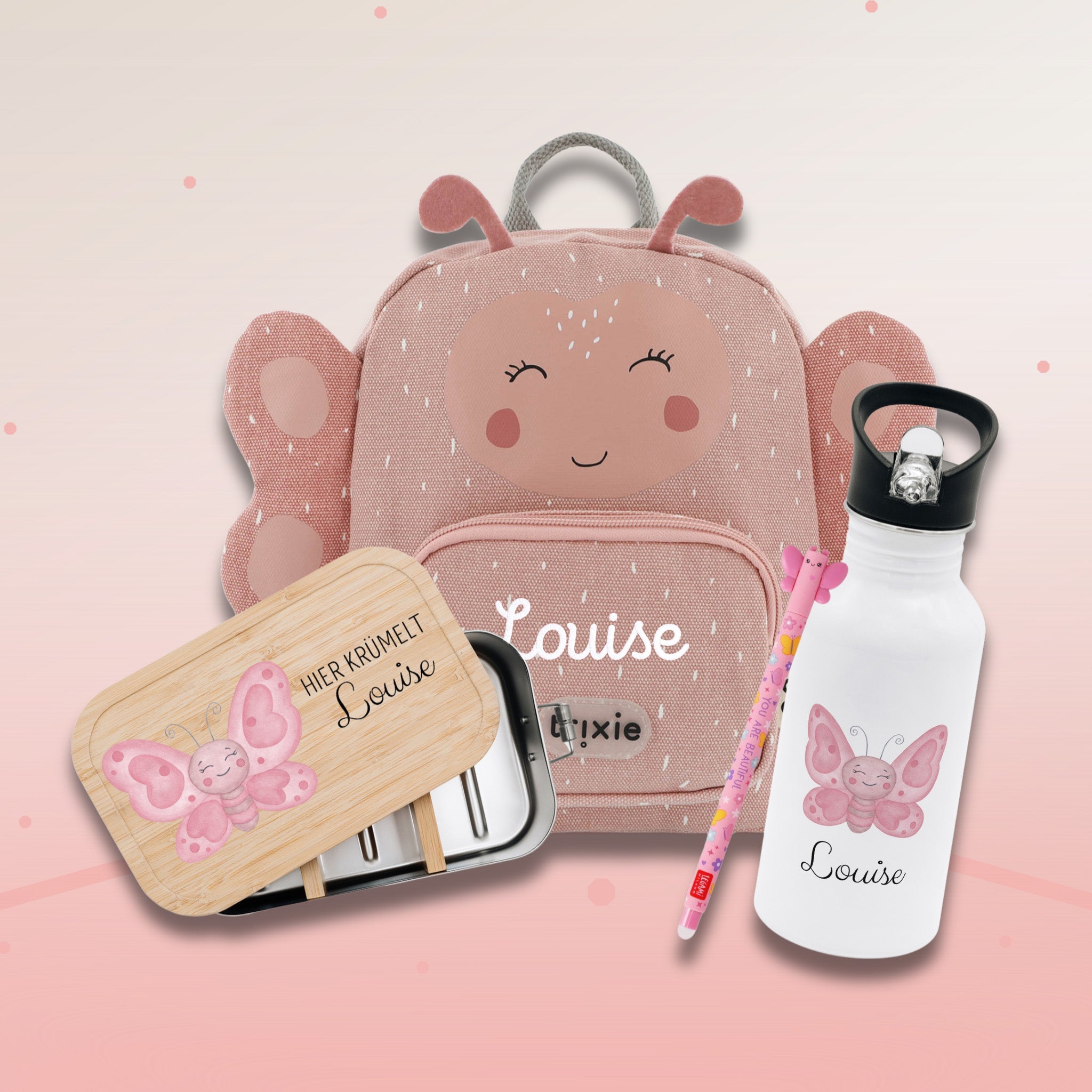 Starter - Geschenkset "Schmetterling" personalisiert: Rucksack, Lunchbox, Flasche, Stift - wunderwunsch